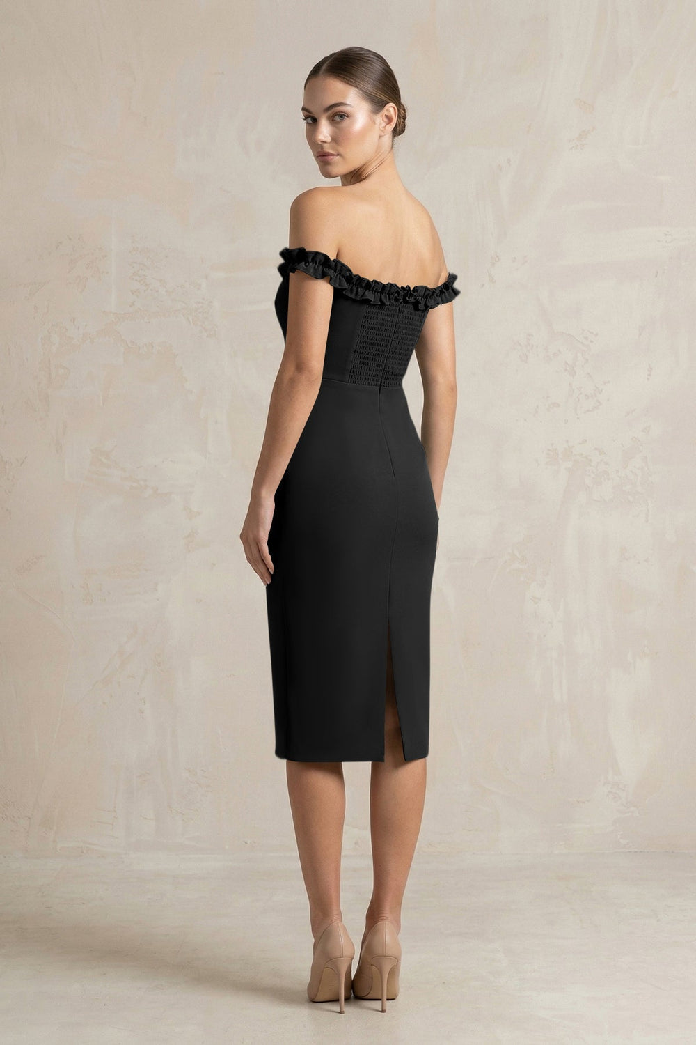 Off-the-Shoulder Sheath Ruffled Midi Bridesmaid Dress in Black