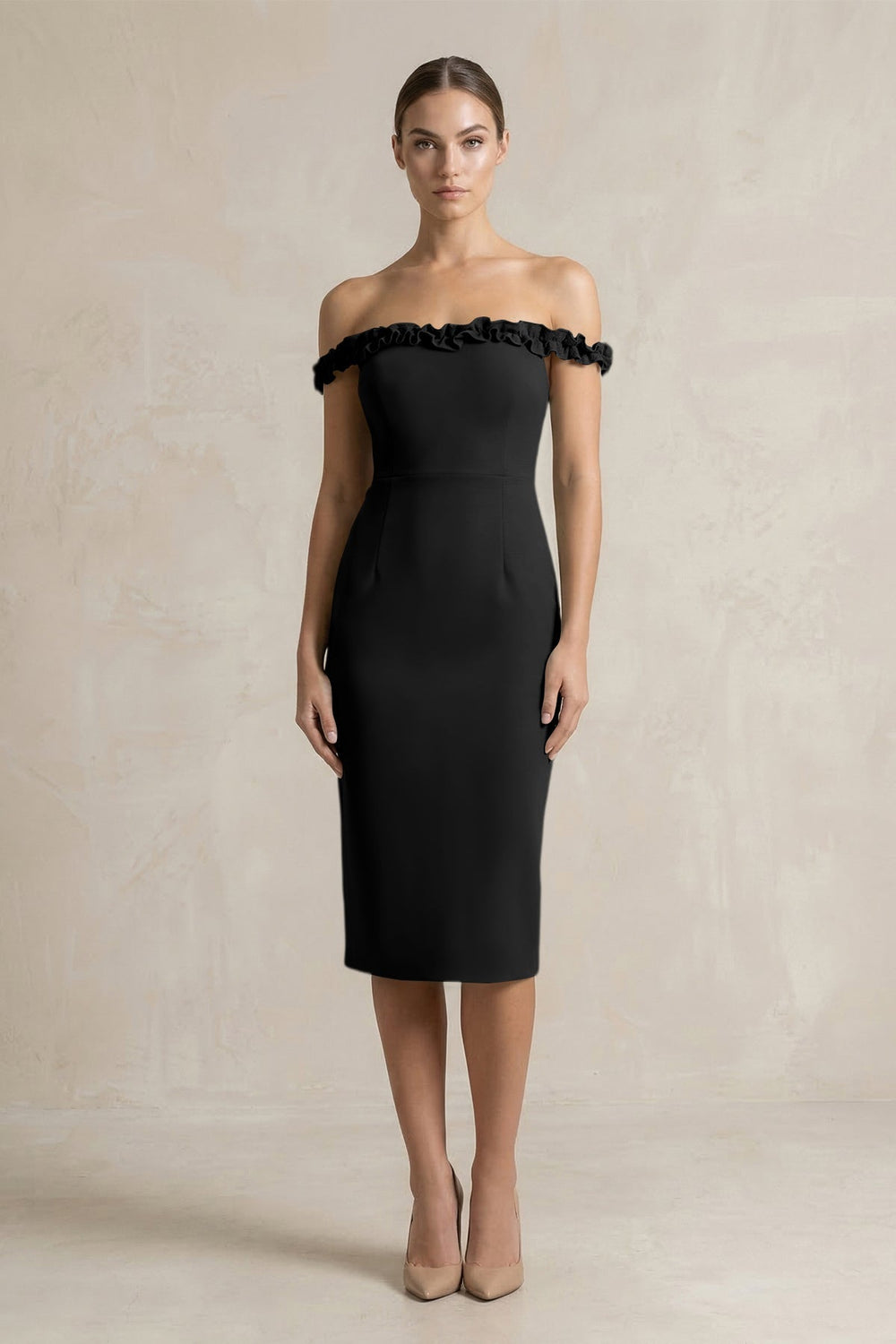 Off-the-Shoulder Sheath Ruffled Midi Bridesmaid Dress in Black