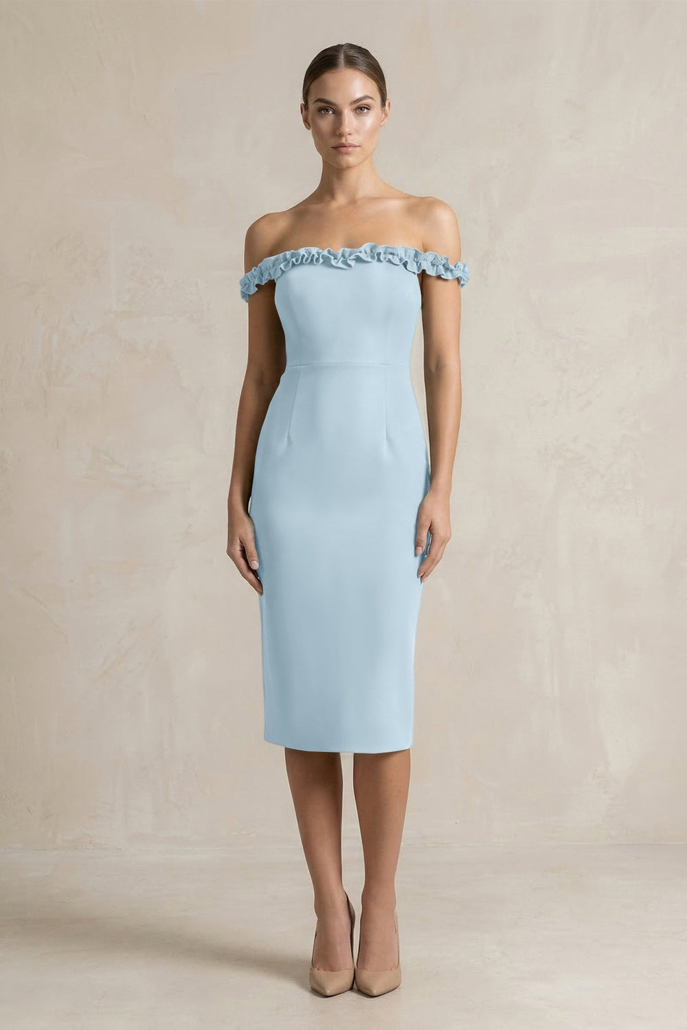 Off-the-Shoulder Sheath Ruffled Midi Bridesmaid Dress in Bleached Aqua