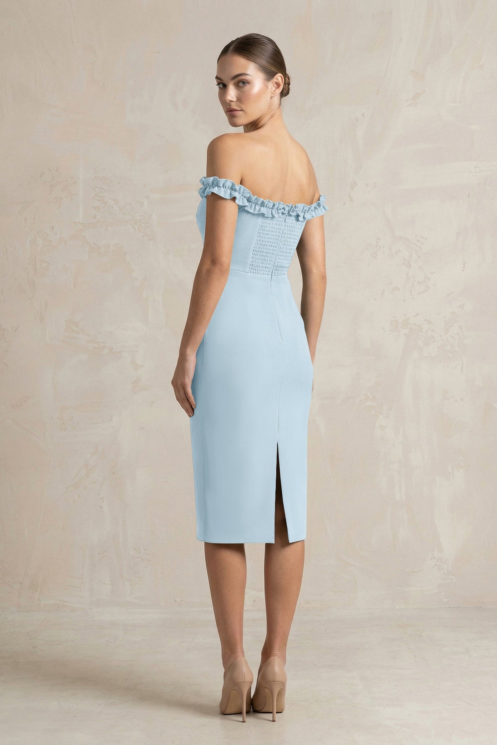 Off-the-Shoulder Sheath Ruffled Midi Bridesmaid Dress in Bleached Aqua