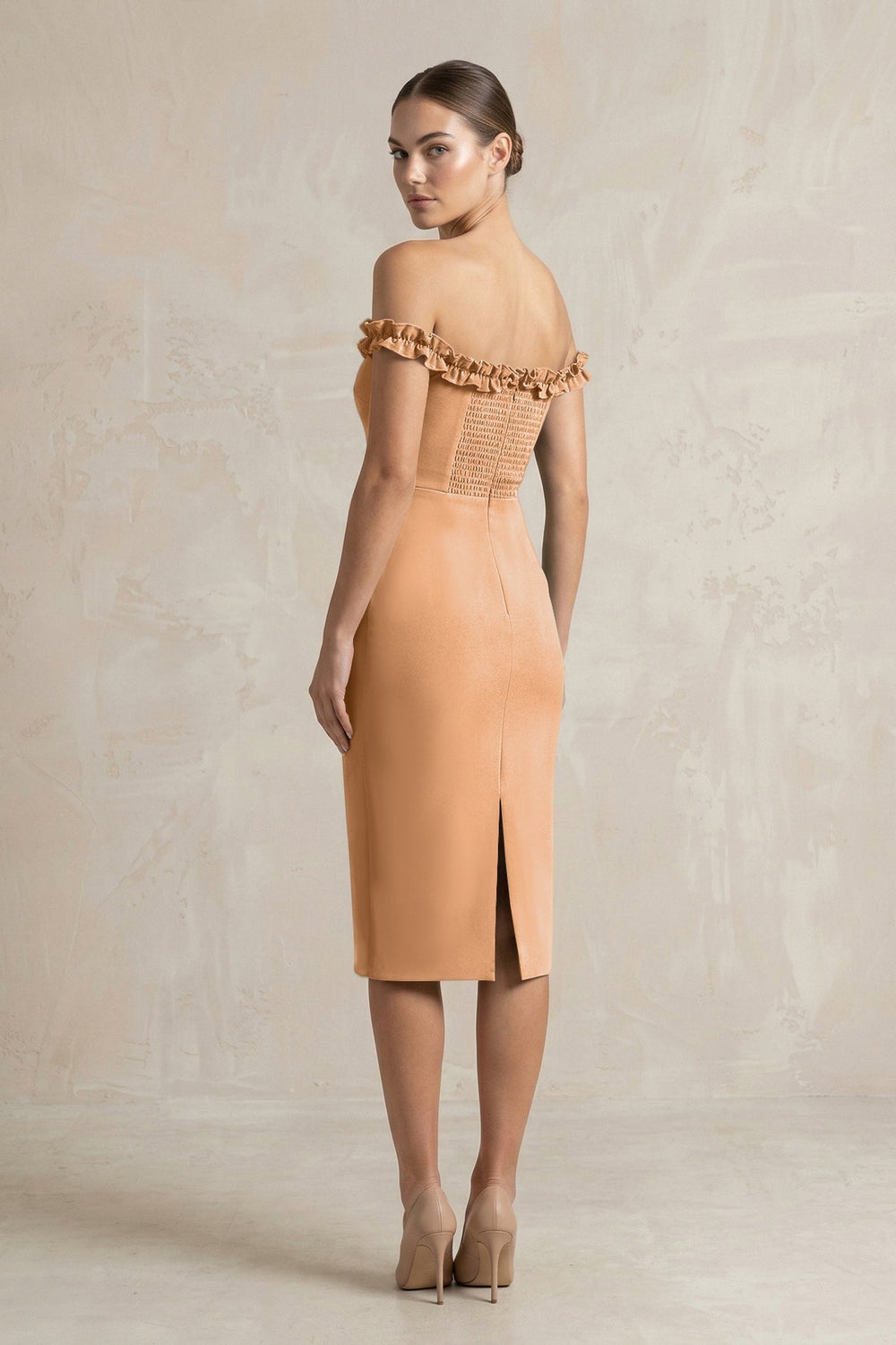 Off-the-Shoulder Sheath Ruffled Midi Bridesmaid Dress in Bronzer