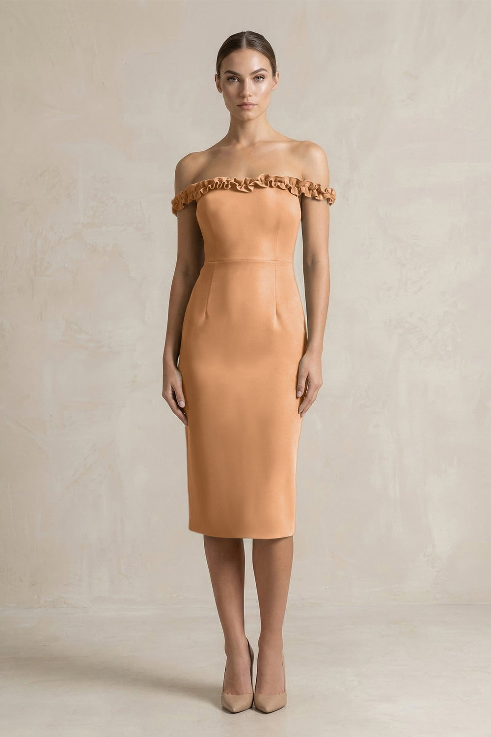 Off-the-Shoulder Sheath Ruffled Midi Bridesmaid Dress in Bronzer