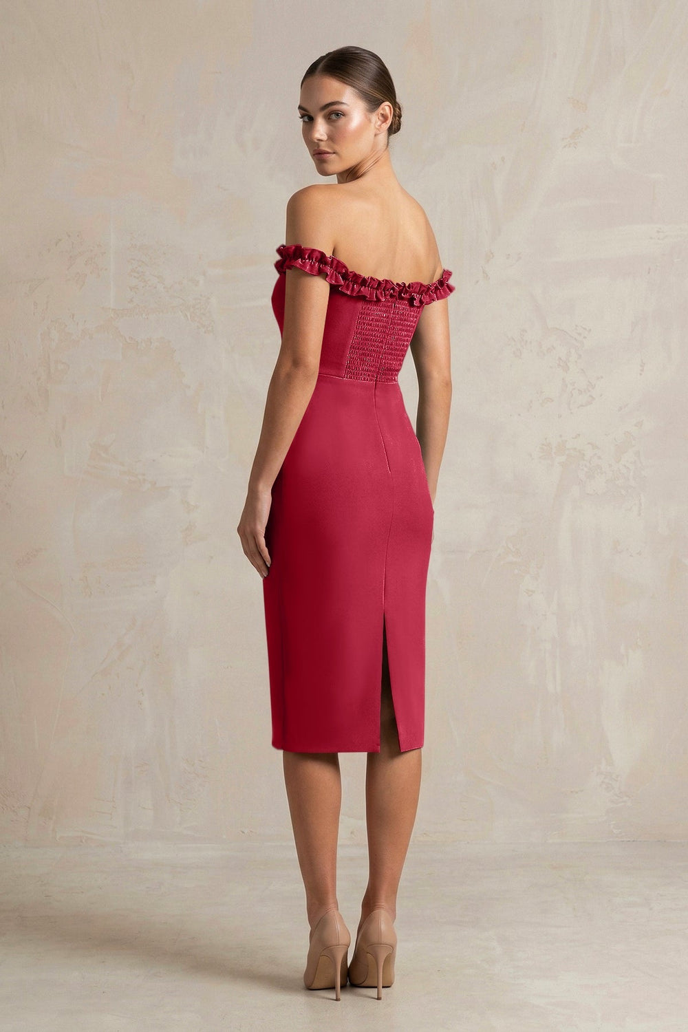 Off-the-Shoulder Sheath Ruffled Midi Bridesmaid Dress in Burgundy