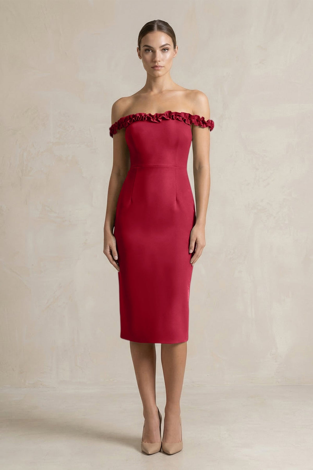Off-the-Shoulder Sheath Ruffled Midi Bridesmaid Dress in Burgundy