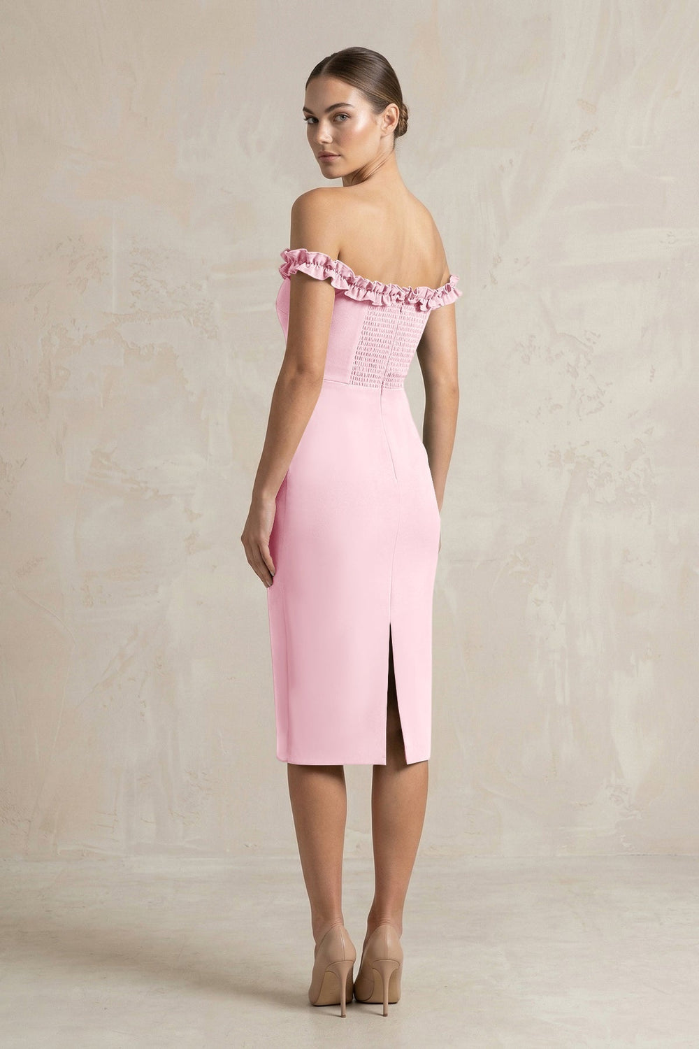 Off-the-Shoulder Sheath Ruffled Midi Bridesmaid Dress in Candy Pink