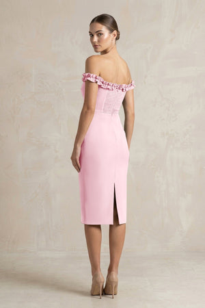 Off - the - Shoulder Sheath Ruffled Midi Bridesmaid Dress in Candy Pink - KISS BRIDAL Bridesmaid Dresses