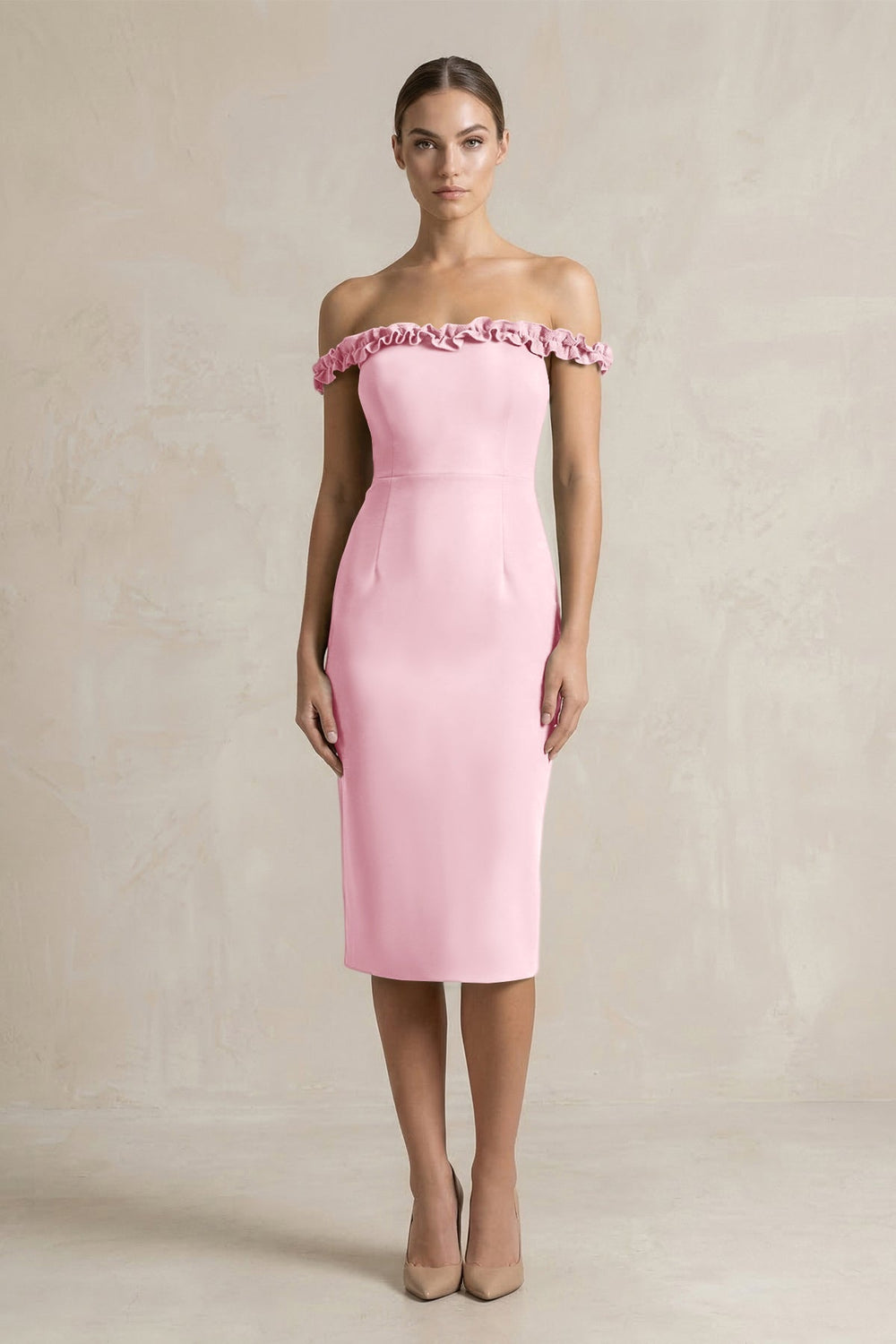 Off-the-Shoulder Sheath Ruffled Midi Bridesmaid Dress in Candy Pink