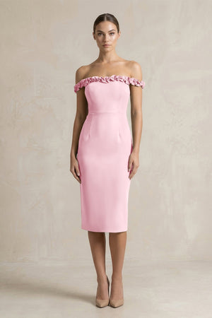 Off - the - Shoulder Sheath Ruffled Midi Bridesmaid Dress in Candy Pink - KISS BRIDAL Bridesmaid Dresses