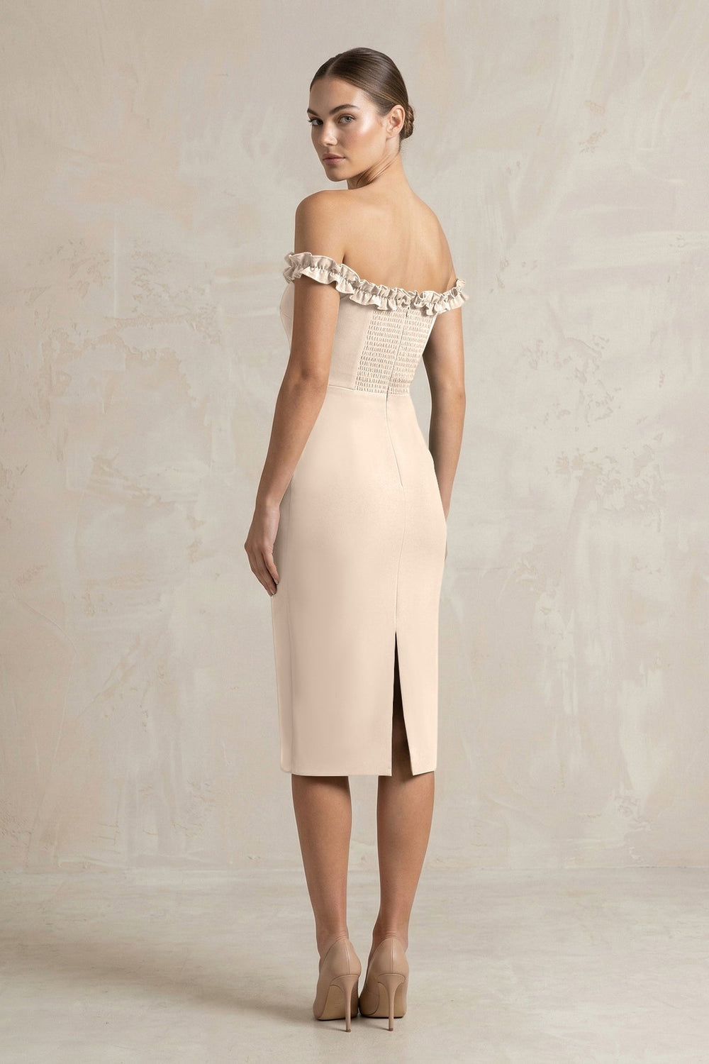 Off-the-Shoulder Sheath Ruffled Midi Bridesmaid Dress in Champagne