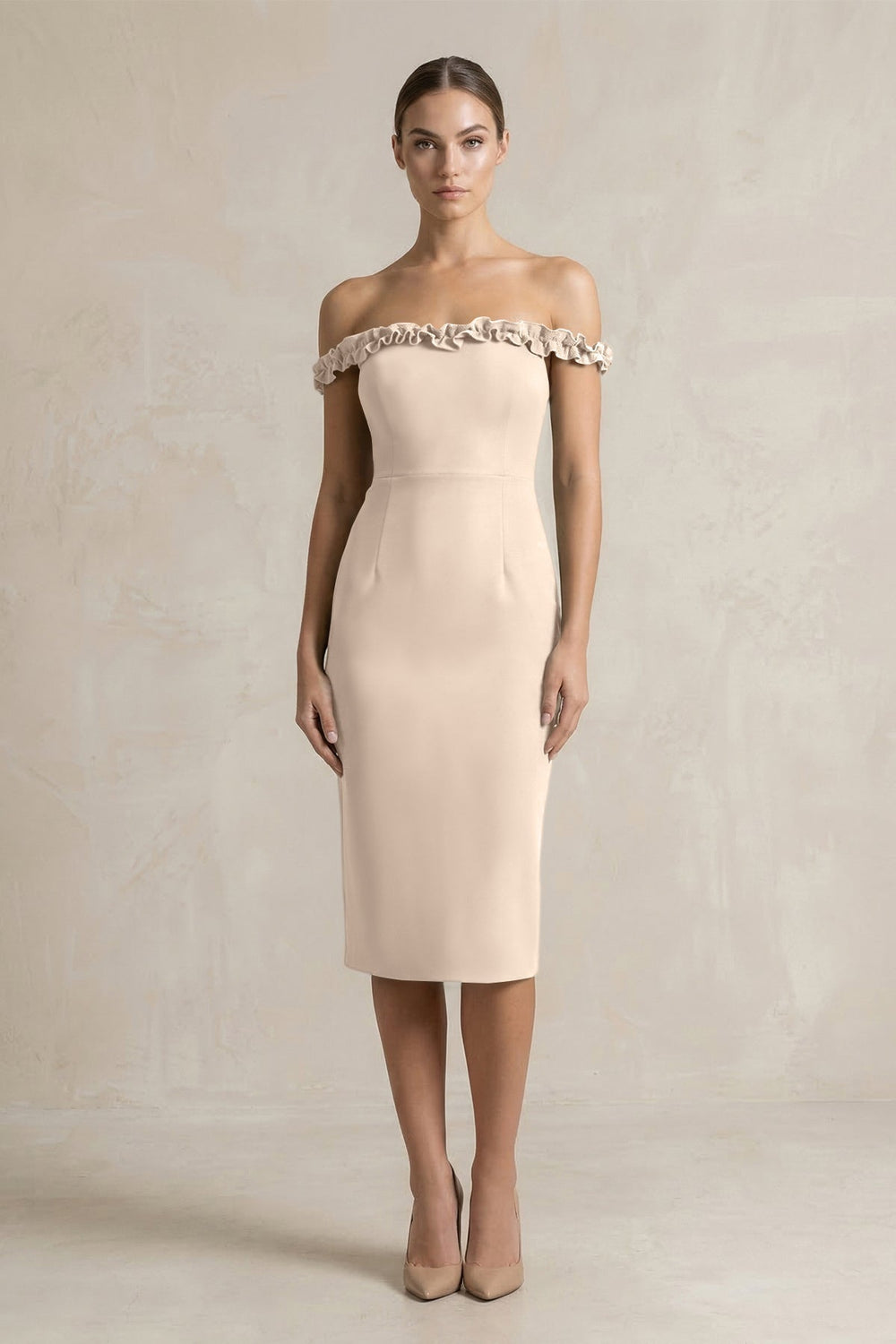 Off-the-Shoulder Sheath Ruffled Midi Bridesmaid Dress in Champagne