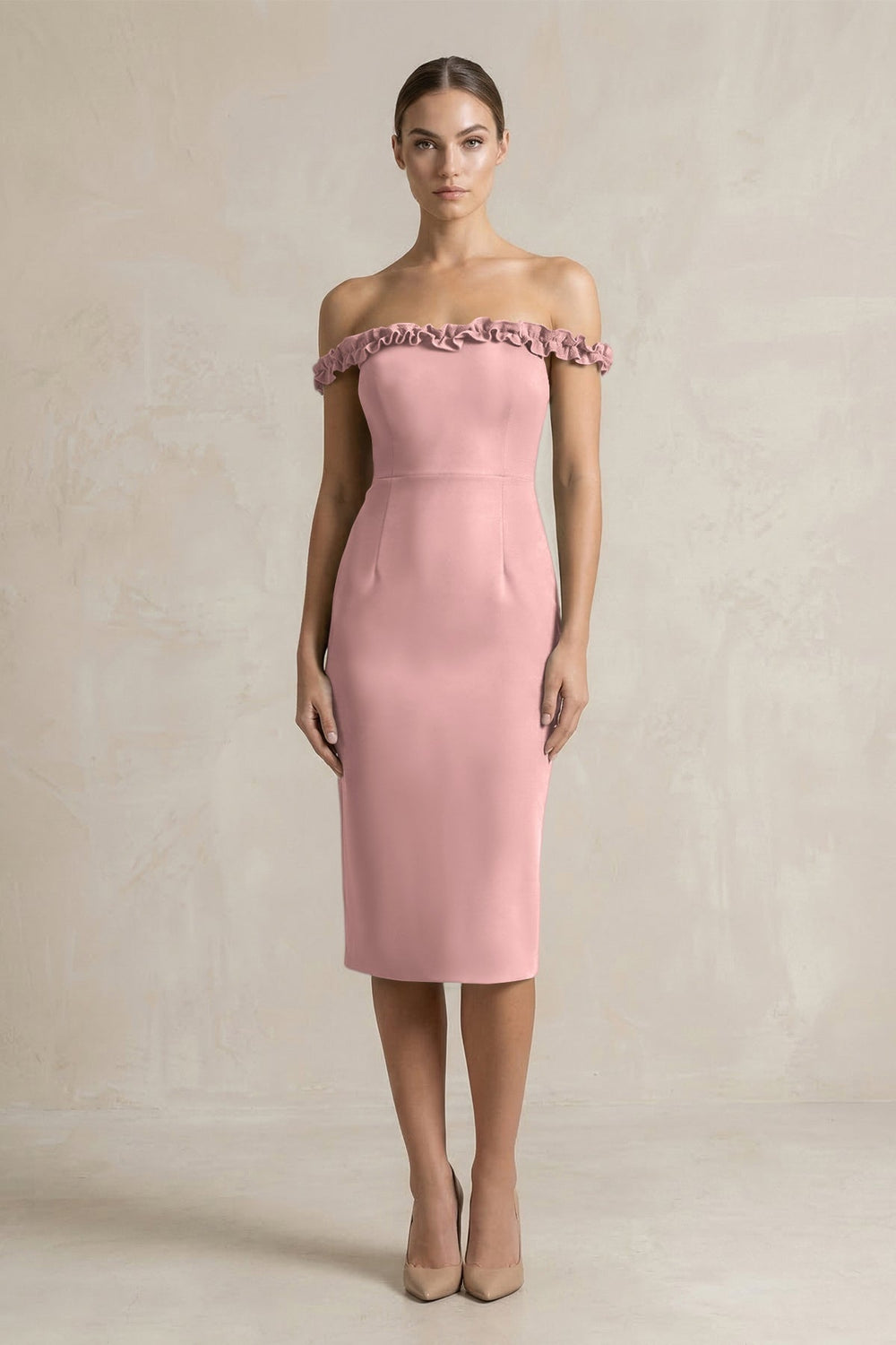 Off-the-Shoulder Sheath Ruffled Midi Bridesmaid Dress in Champagne Rose