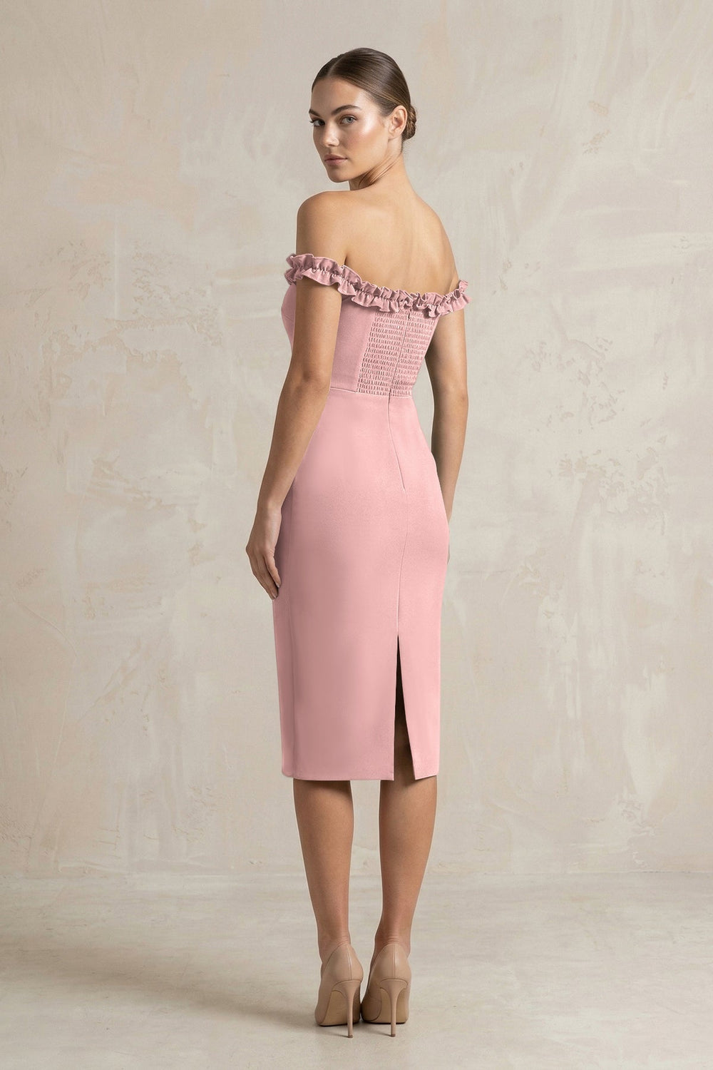 Off-the-Shoulder Sheath Ruffled Midi Bridesmaid Dress in Champagne Rose