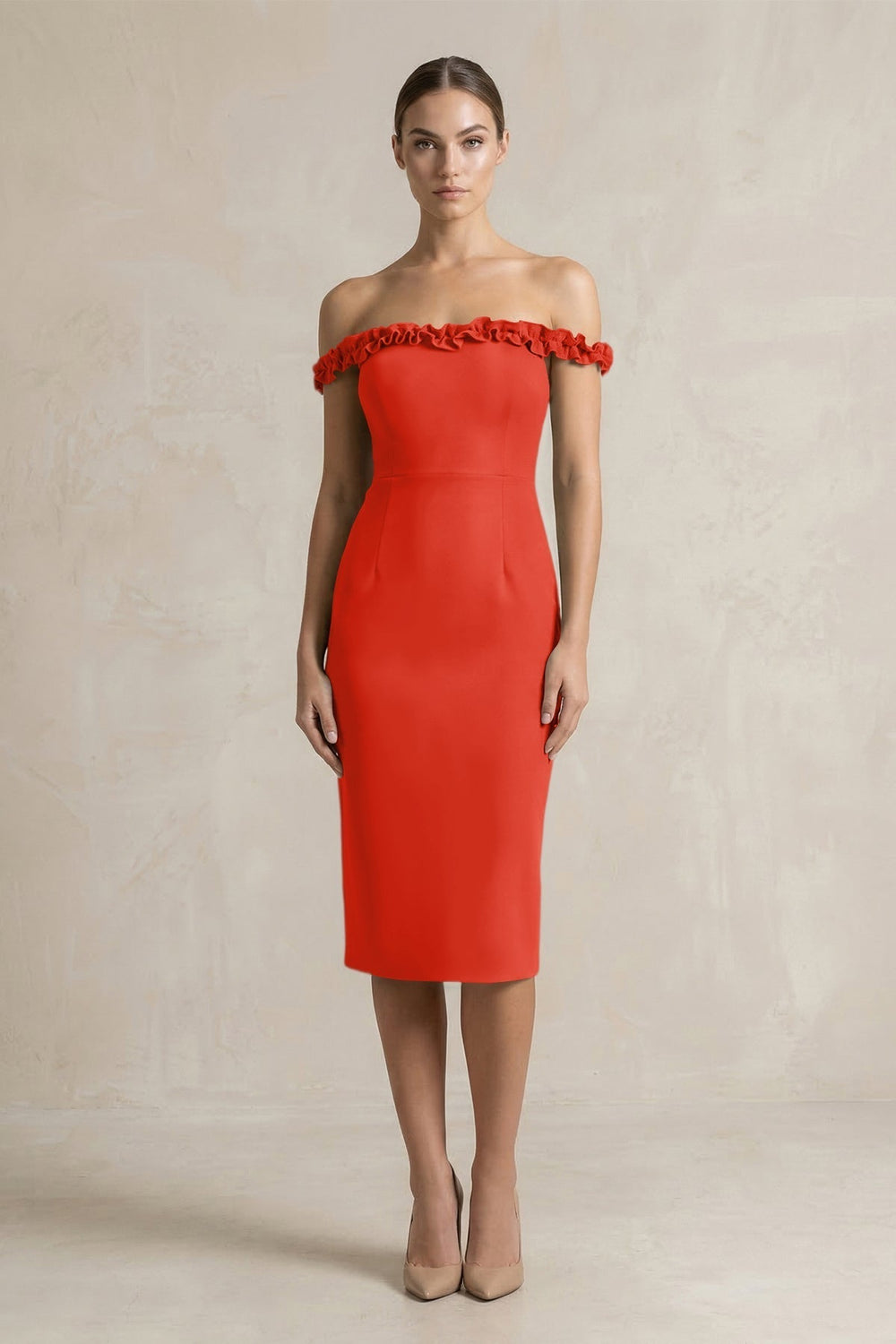 Off-the-Shoulder Sheath Ruffled Midi Bridesmaid Dress in Cinnamon