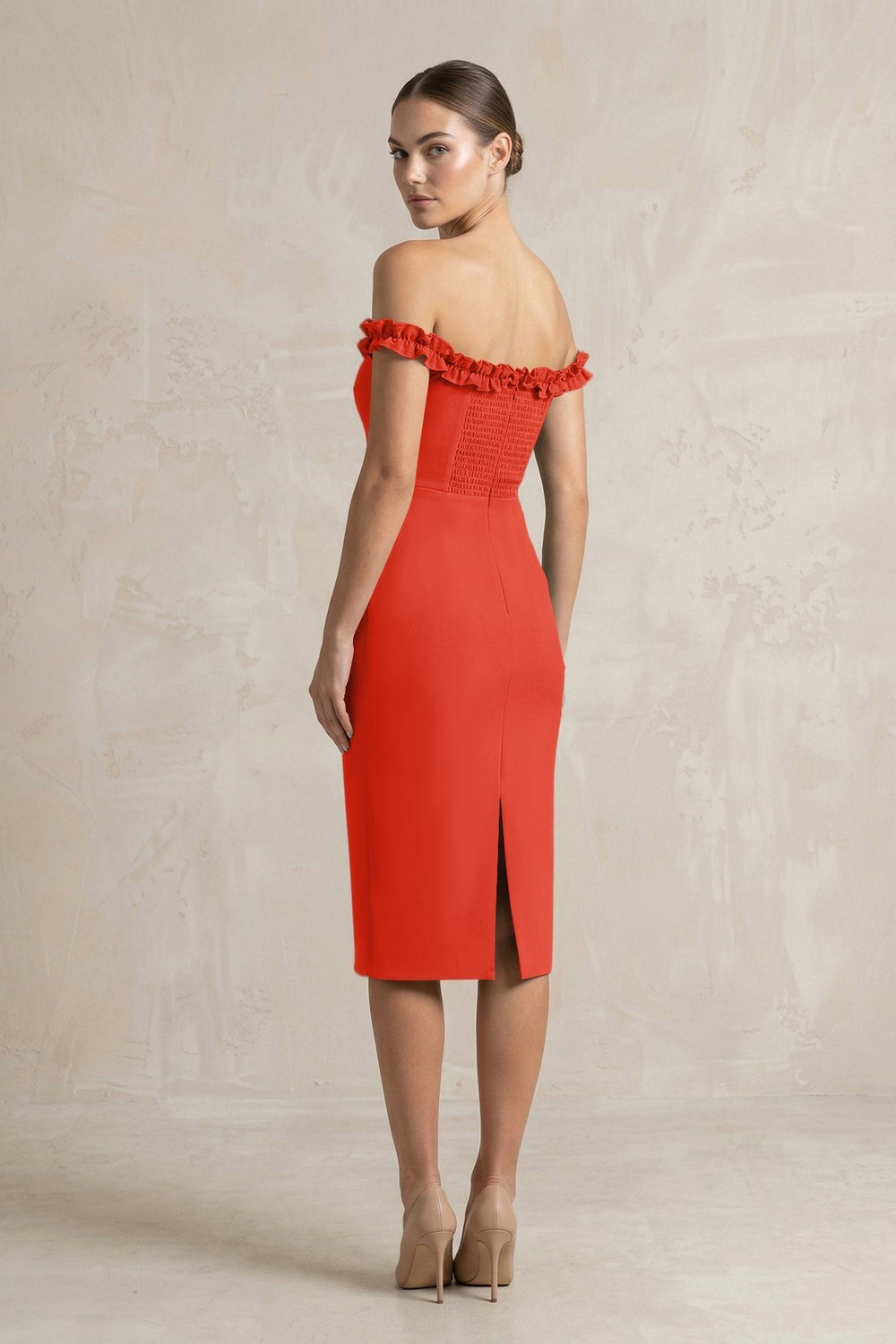 Off-the-Shoulder Sheath Ruffled Midi Bridesmaid Dress in Cinnamon