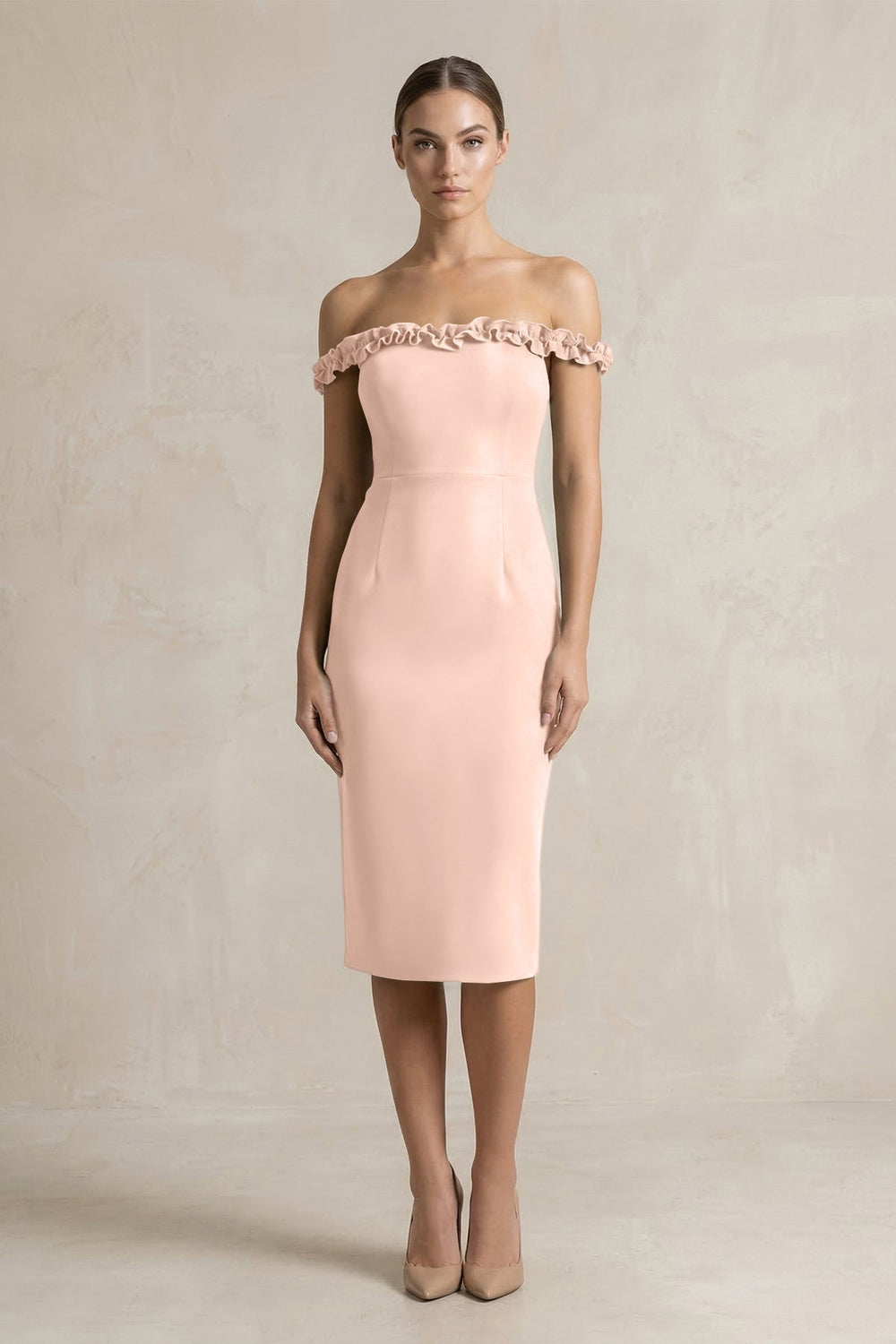 Off-the-Shoulder Sheath Ruffled Midi Bridesmaid Dress in Coral Pink