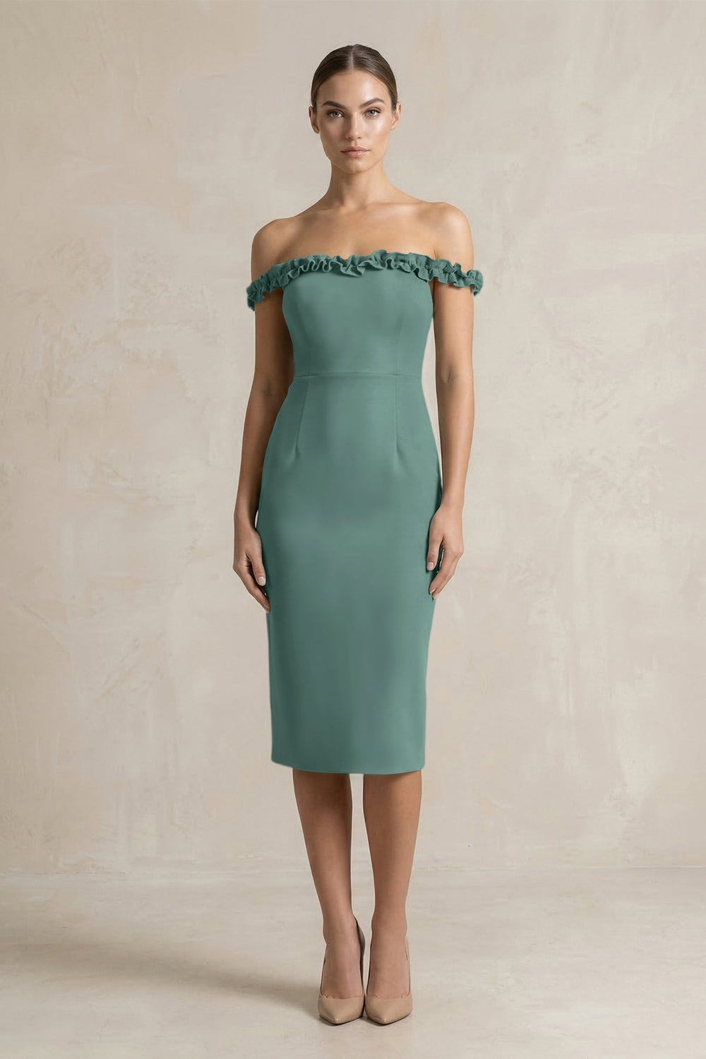 Off-the-Shoulder Sheath Ruffled Midi Bridesmaid Dress in Dark Teal