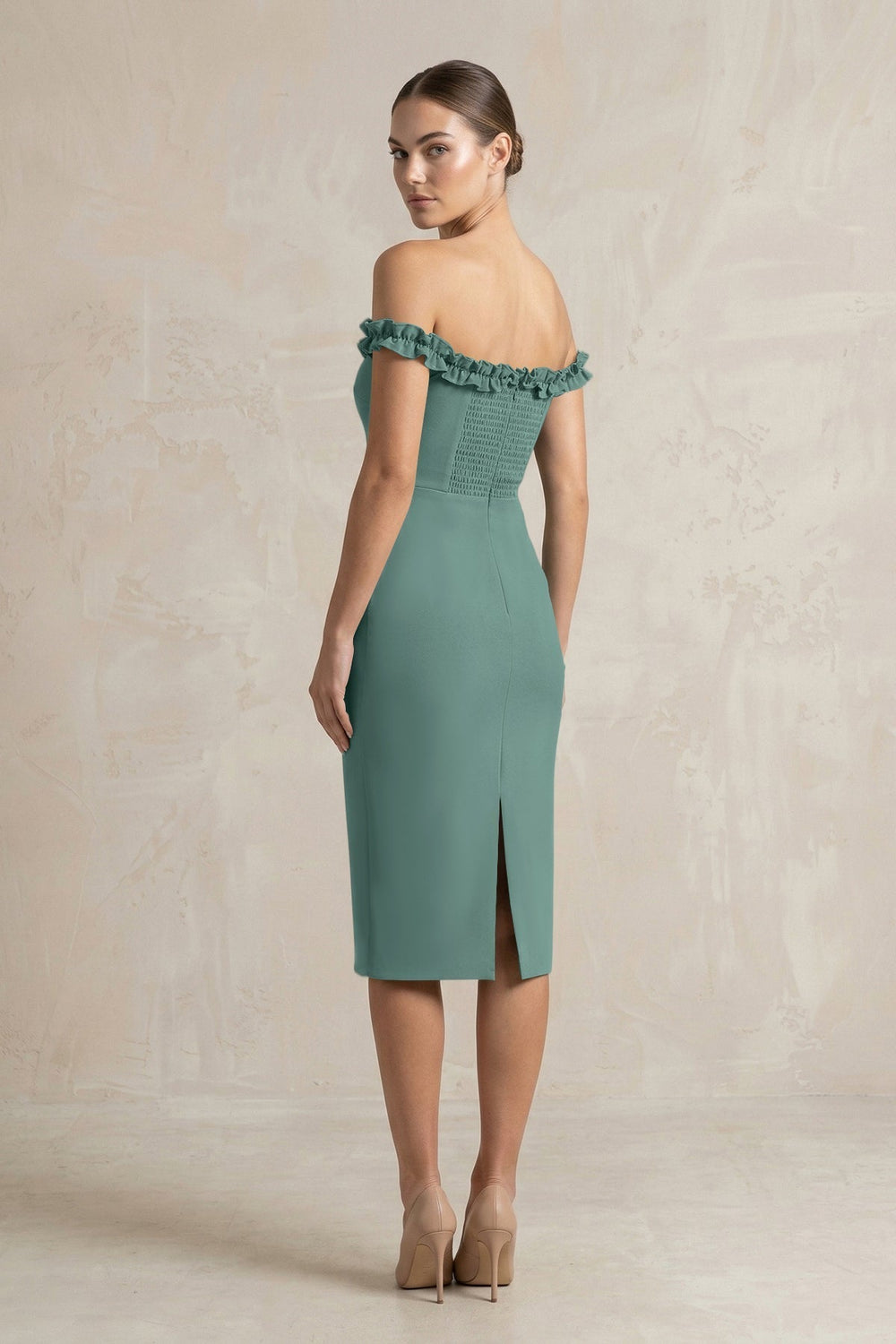 Off-the-Shoulder Sheath Ruffled Midi Bridesmaid Dress in Dark Teal