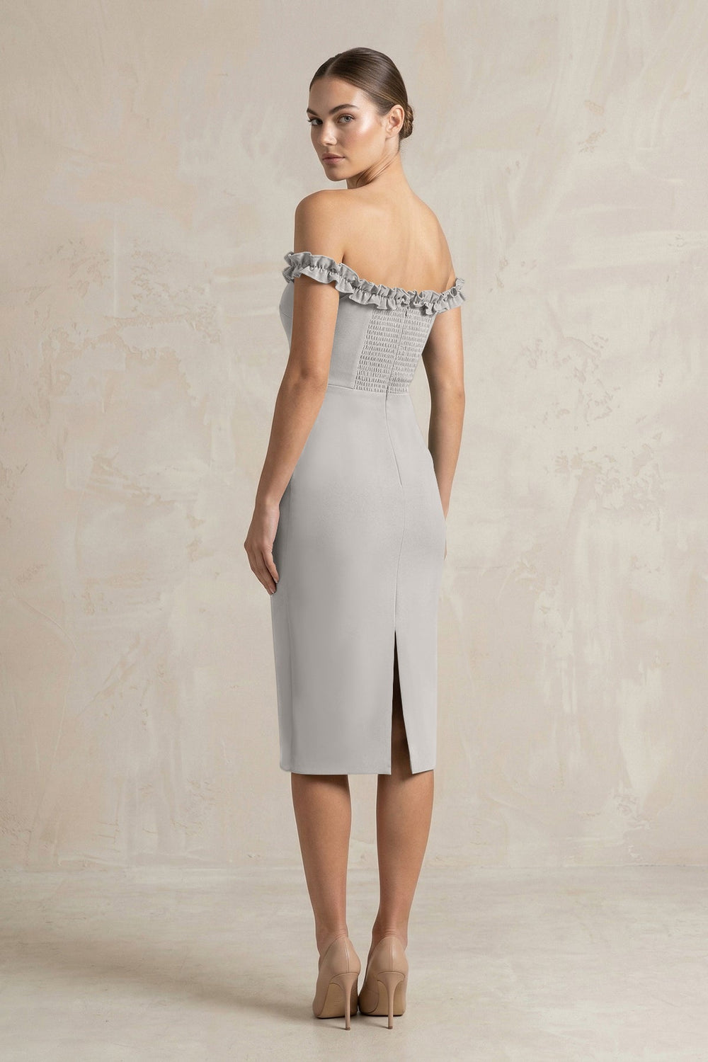 Off-the-Shoulder Sheath Ruffled Midi Bridesmaid Dress in Dove Gray