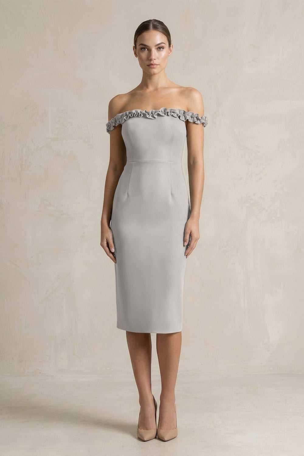 Off-the-Shoulder Sheath Ruffled Midi Bridesmaid Dress in Dove Gray