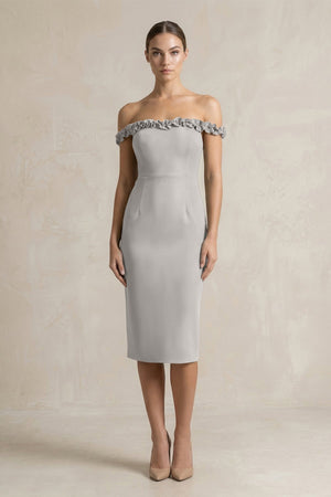 Off - the - Shoulder Sheath Ruffled Midi Bridesmaid Dress in Dove Gray - KISS BRIDAL Bridesmaid Dresses