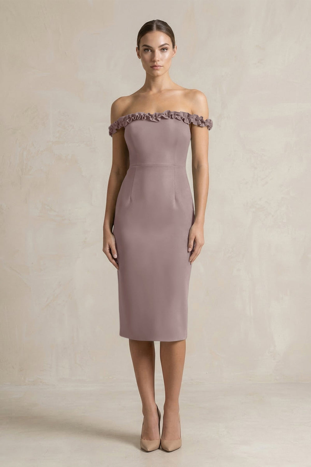 Off-the-Shoulder Sheath Ruffled Midi Bridesmaid Dress in Dusk