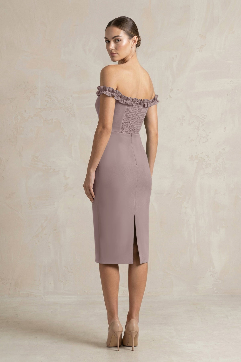 Off-the-Shoulder Sheath Ruffled Midi Bridesmaid Dress in Dusk
