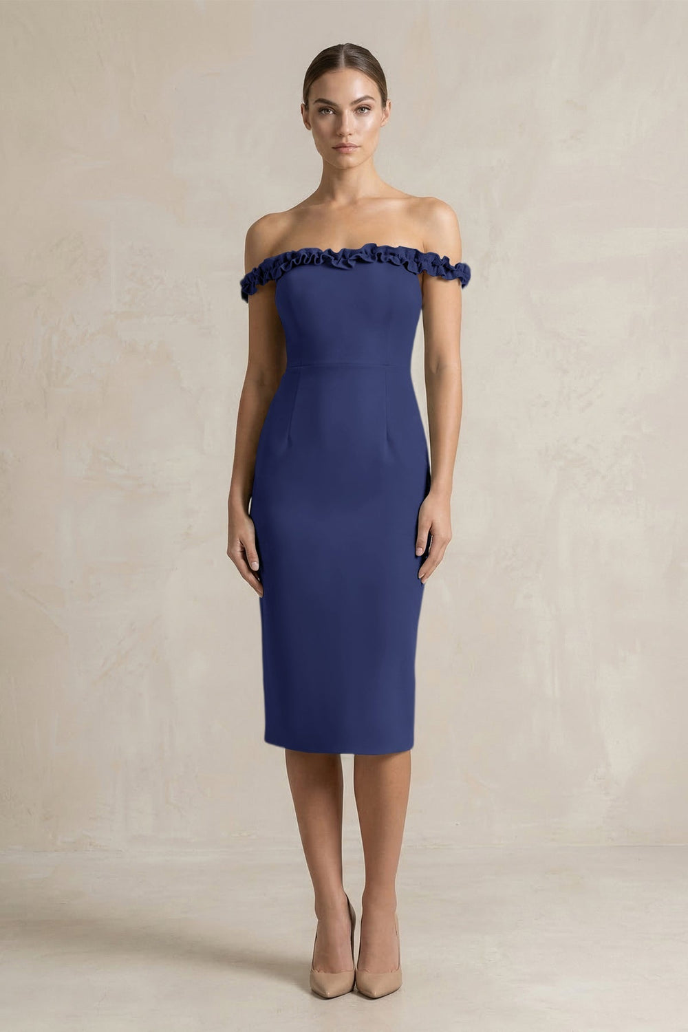 Off-the-Shoulder Sheath Ruffled Midi Bridesmaid Dress in Dusk Blue