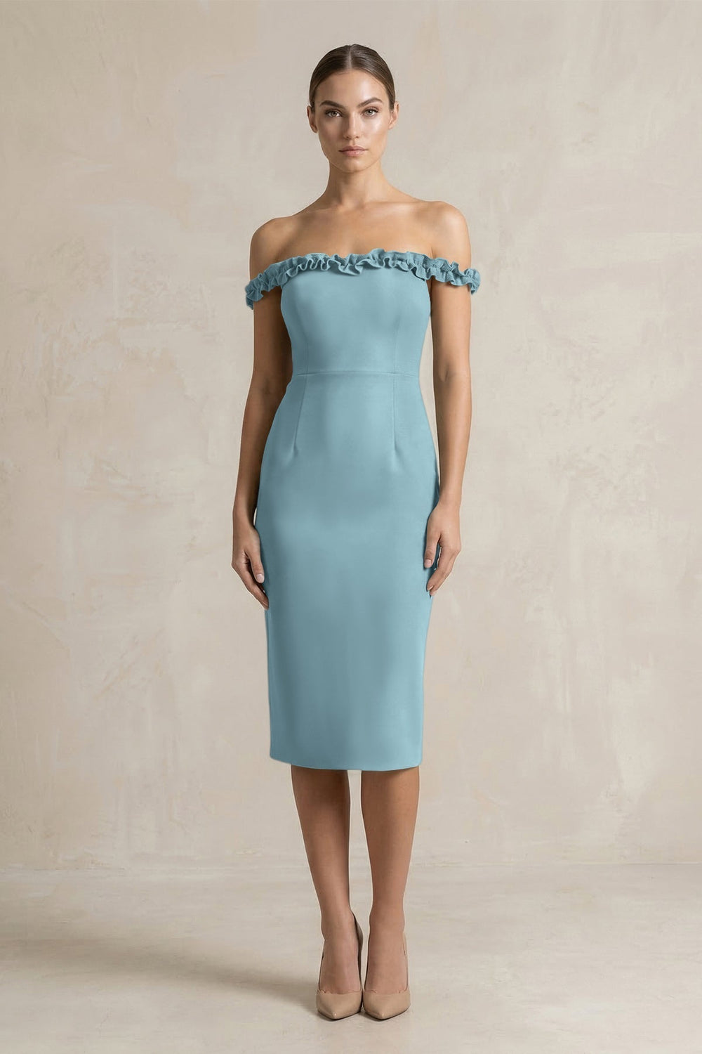 Off-the-Shoulder Sheath Ruffled Midi Bridesmaid Dress in Dusty Blue