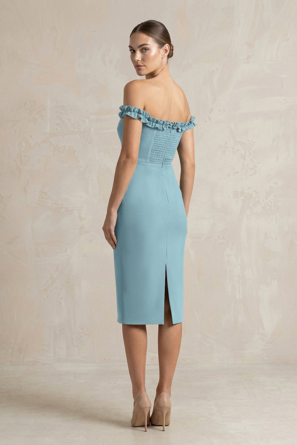 Off-the-Shoulder Sheath Ruffled Midi Bridesmaid Dress in Dusty Blue