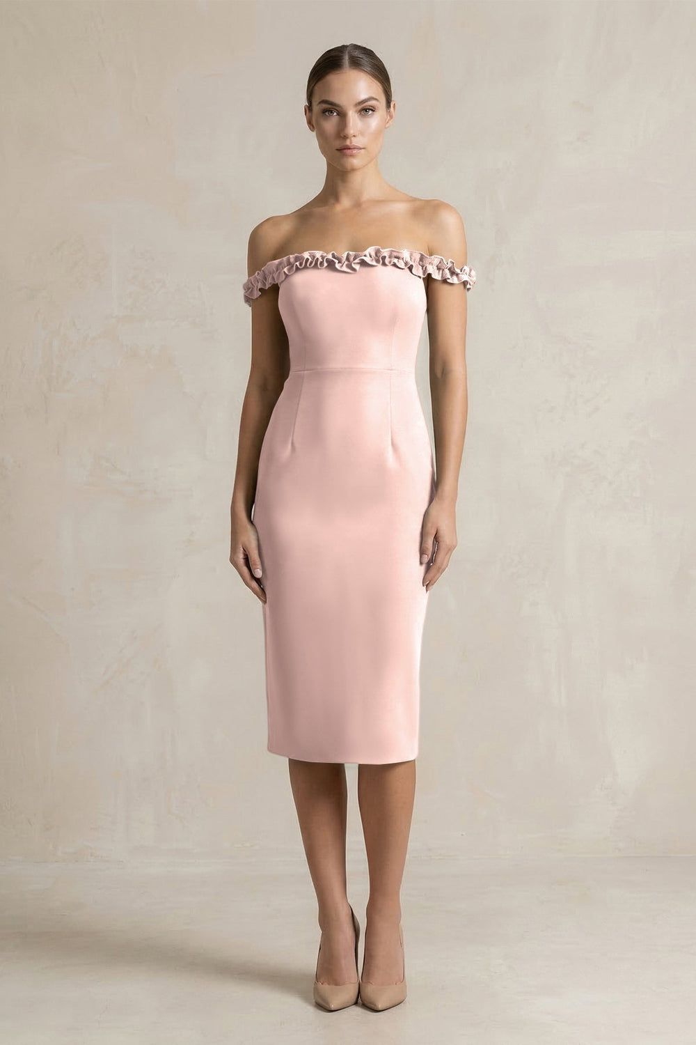 Off-the-Shoulder Sheath Ruffled Midi Bridesmaid Dress in Dusty Rose