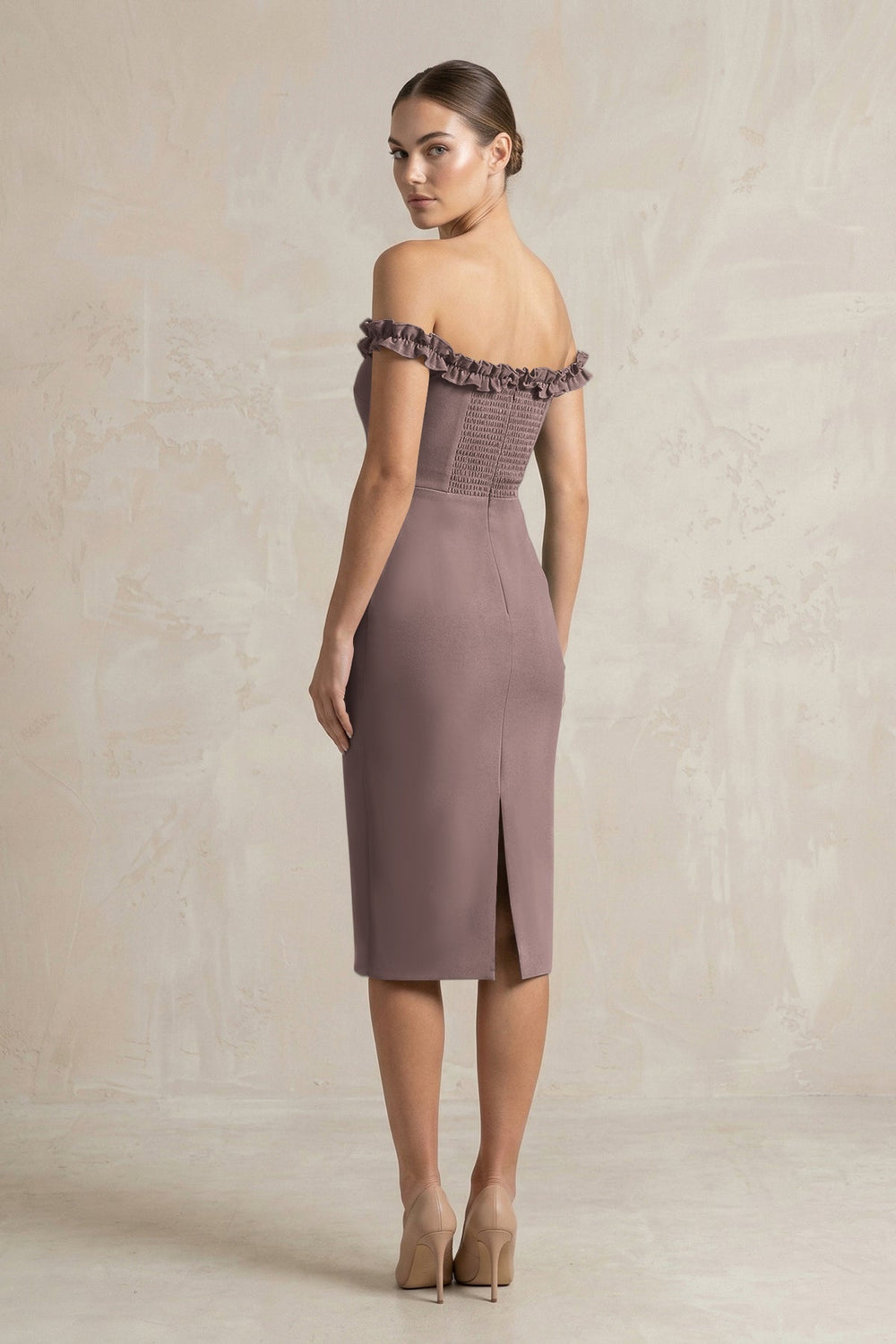 Off-the-Shoulder Sheath Ruffled Midi Bridesmaid Dress in Espresso