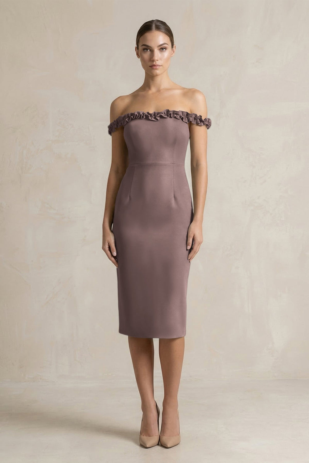 Off-the-Shoulder Sheath Ruffled Midi Bridesmaid Dress in Espresso