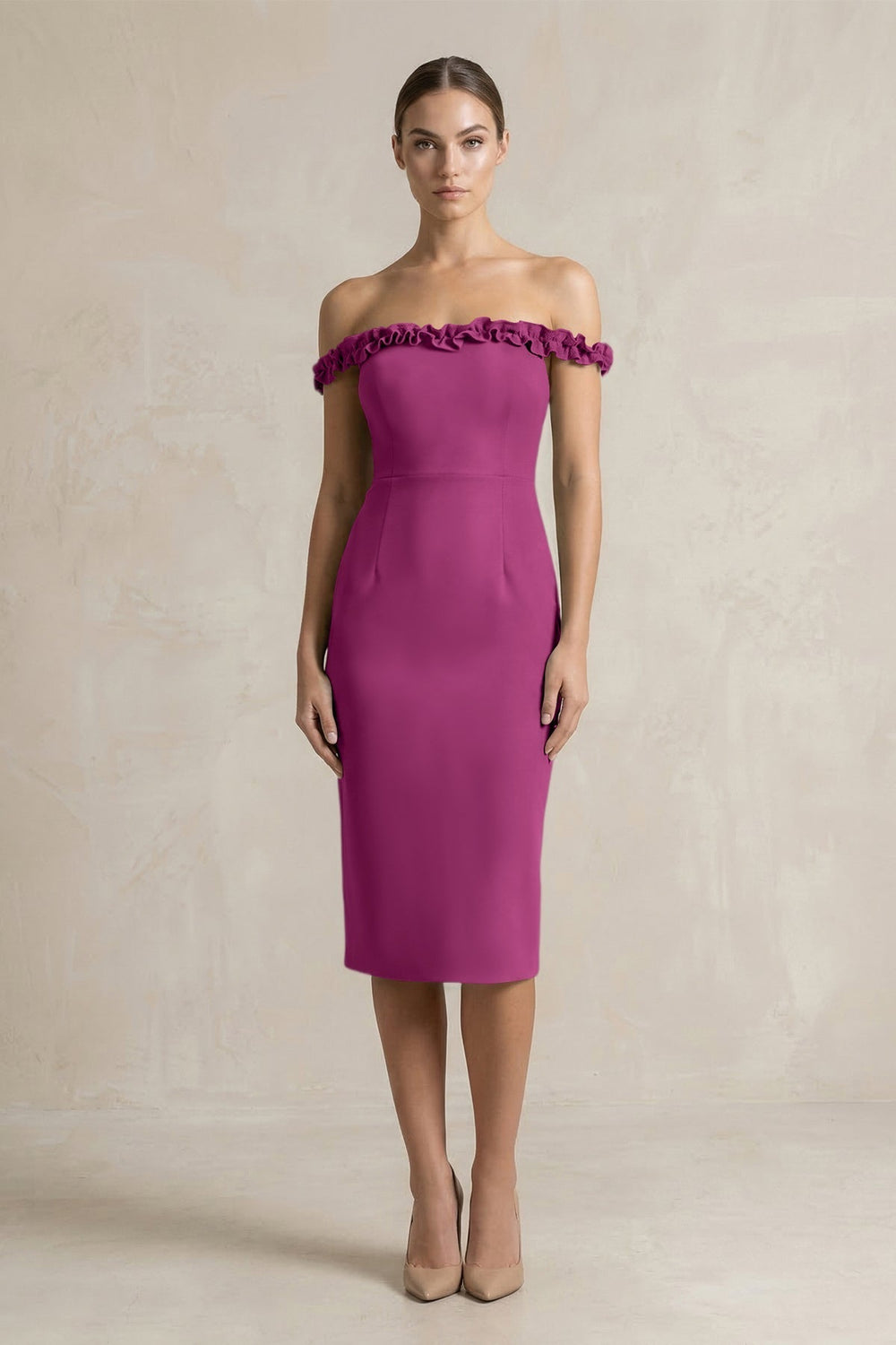 Off-the-Shoulder Sheath Ruffled Midi Bridesmaid Dress in Fig