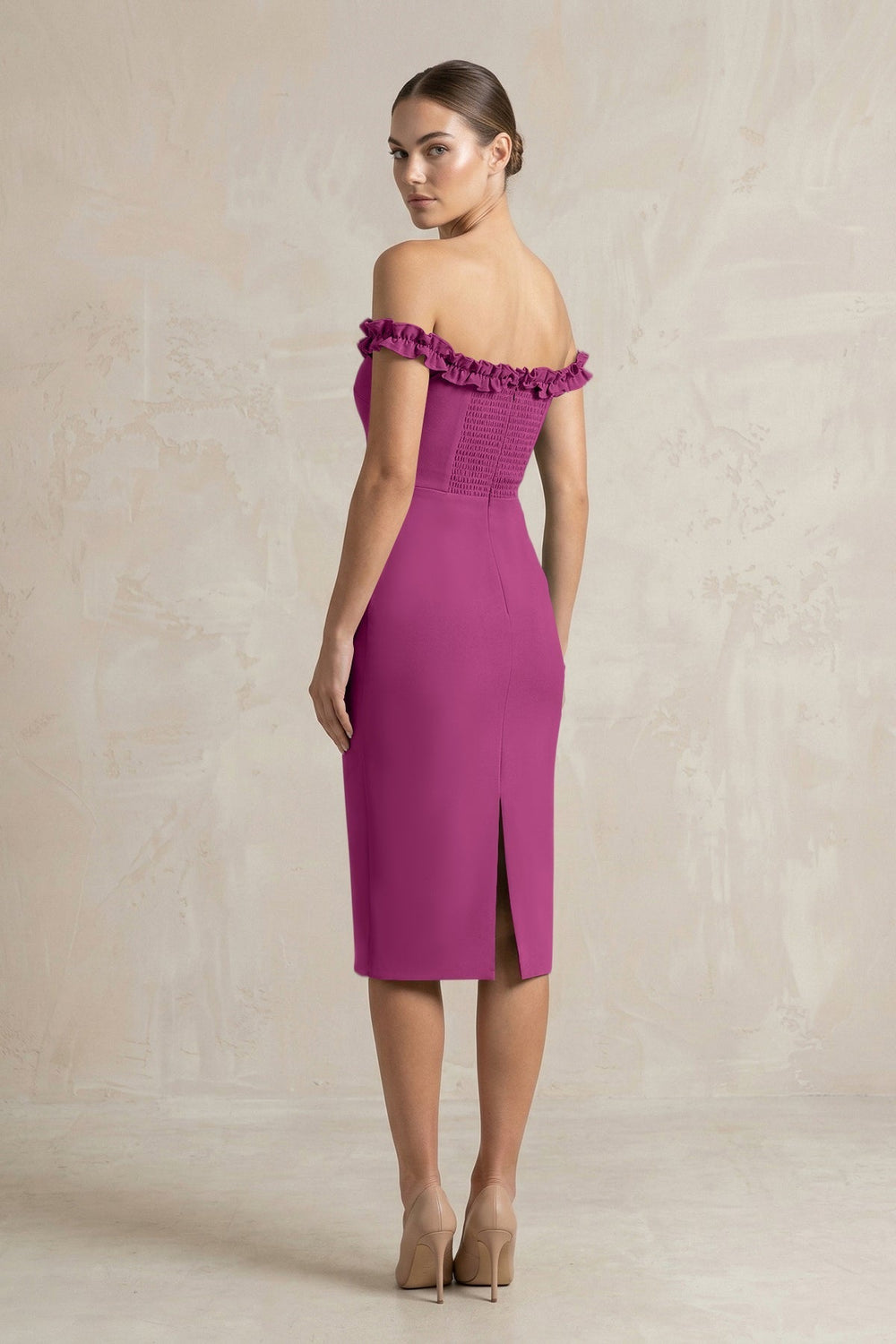 Off-the-Shoulder Sheath Ruffled Midi Bridesmaid Dress in Fig