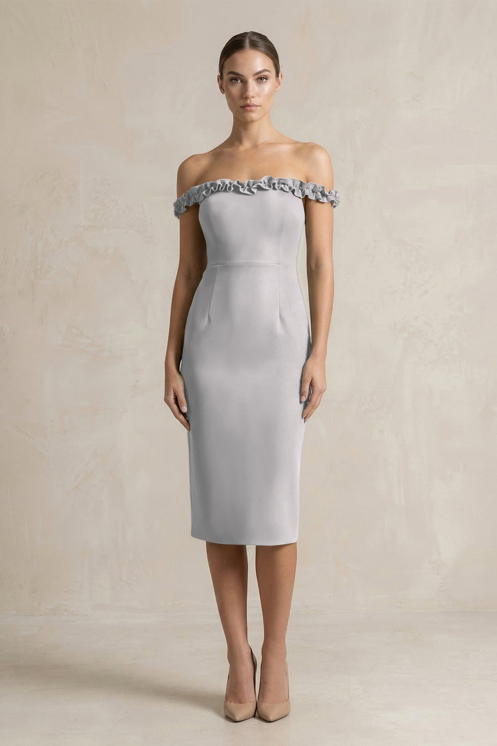 Off-the-Shoulder Sheath Ruffled Midi Bridesmaid Dress in Frost
