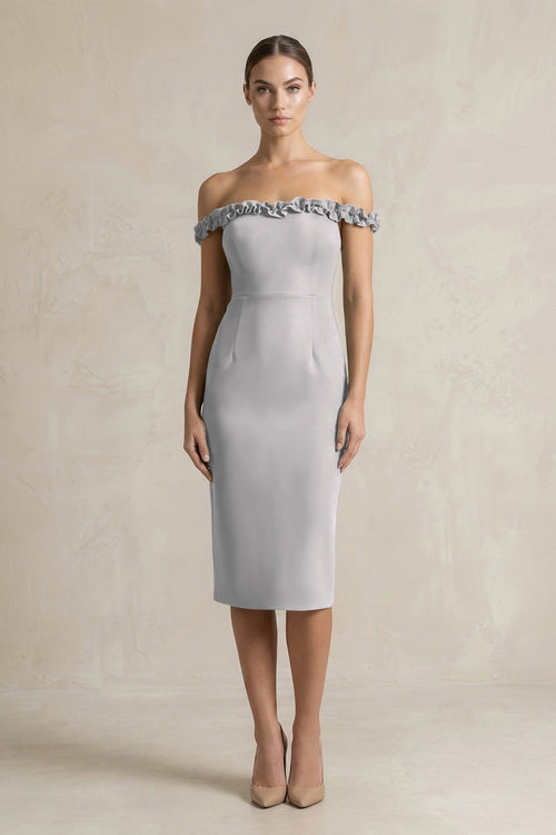 Off - the - Shoulder Sheath Ruffled Midi Bridesmaid Dress in Frost - KISS BRIDAL Bridesmaid Dresses
