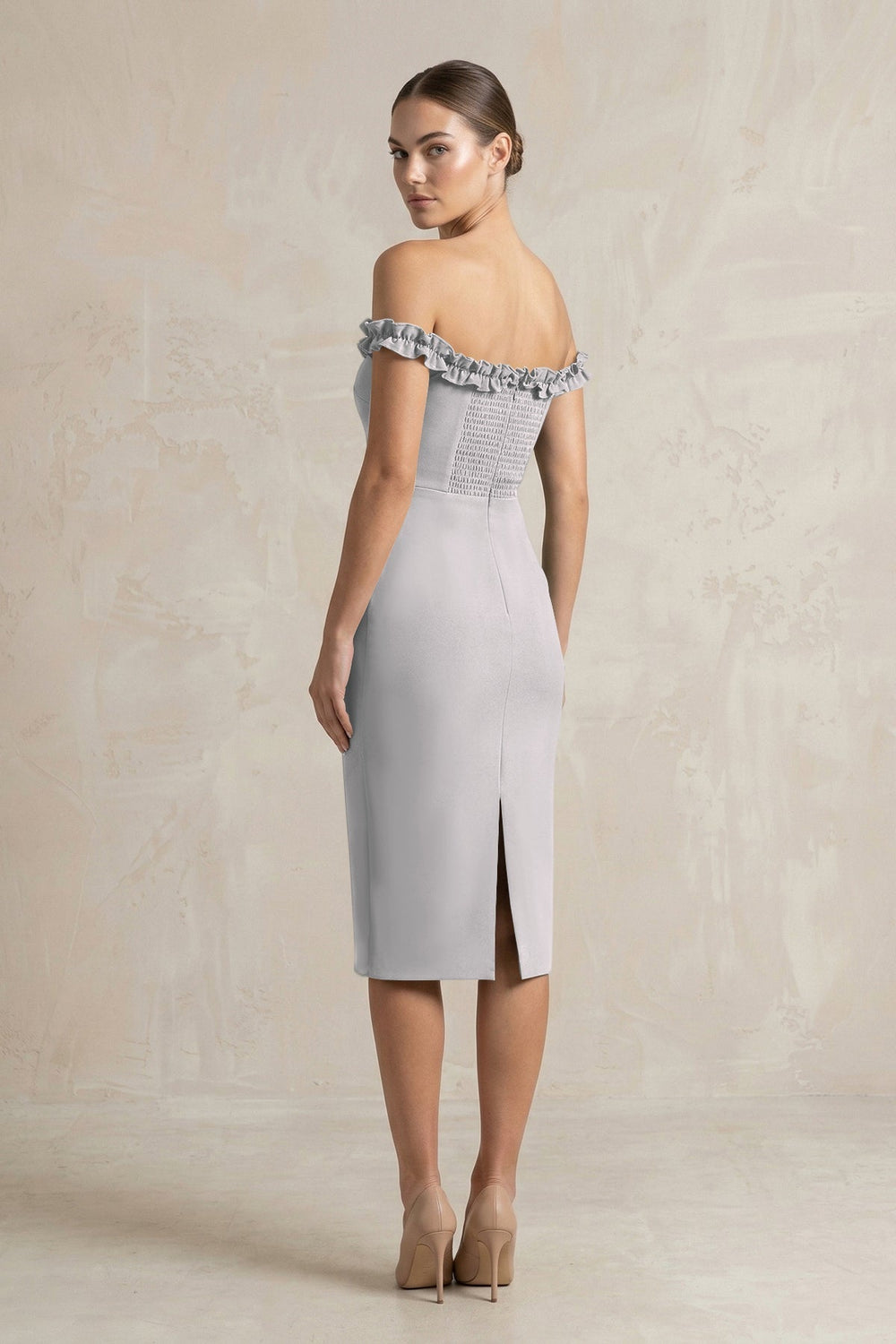 Off-the-Shoulder Sheath Ruffled Midi Bridesmaid Dress in Frost