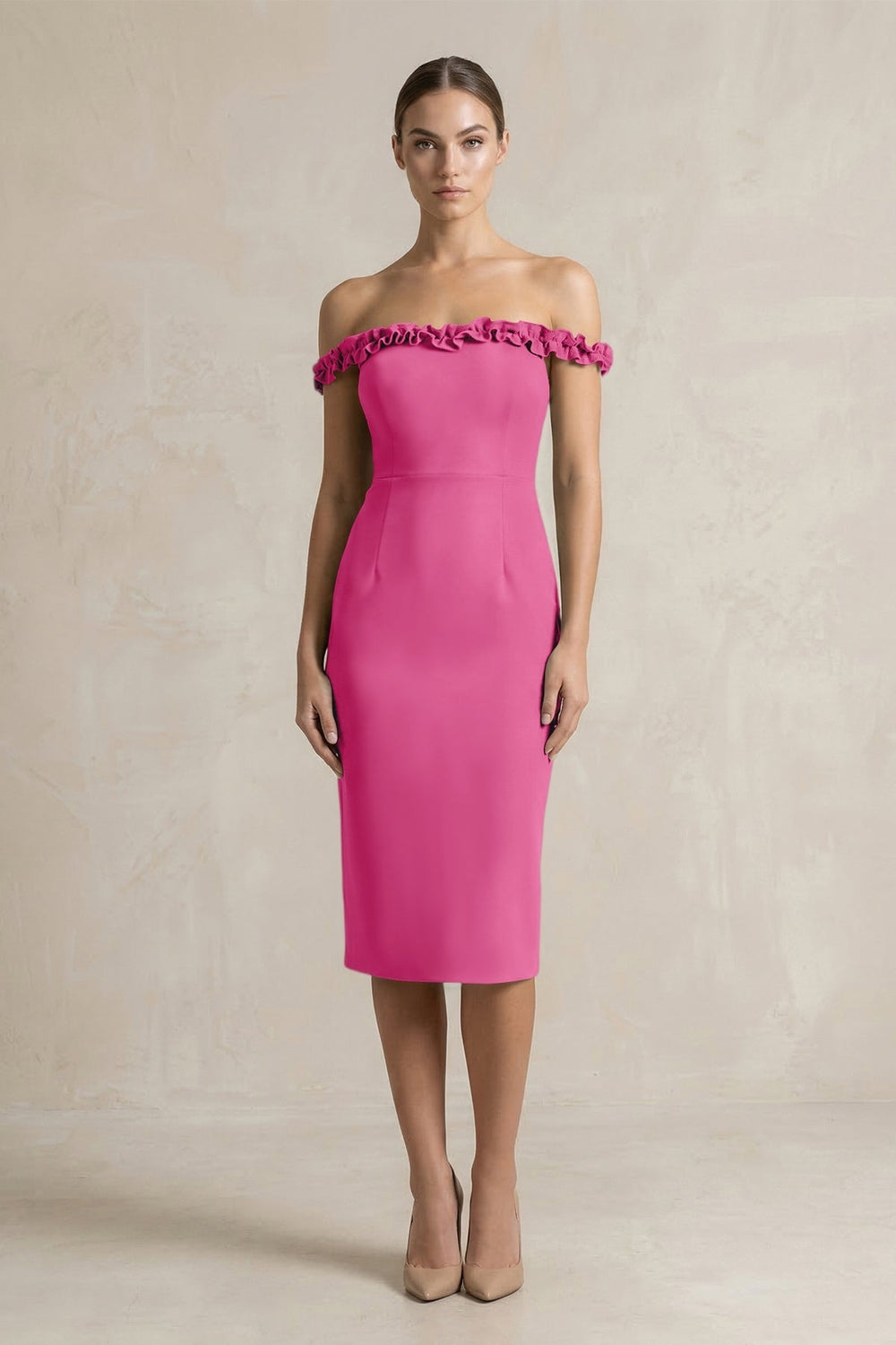 Off-the-Shoulder Sheath Ruffled Midi Bridesmaid Dress in Fuchsia