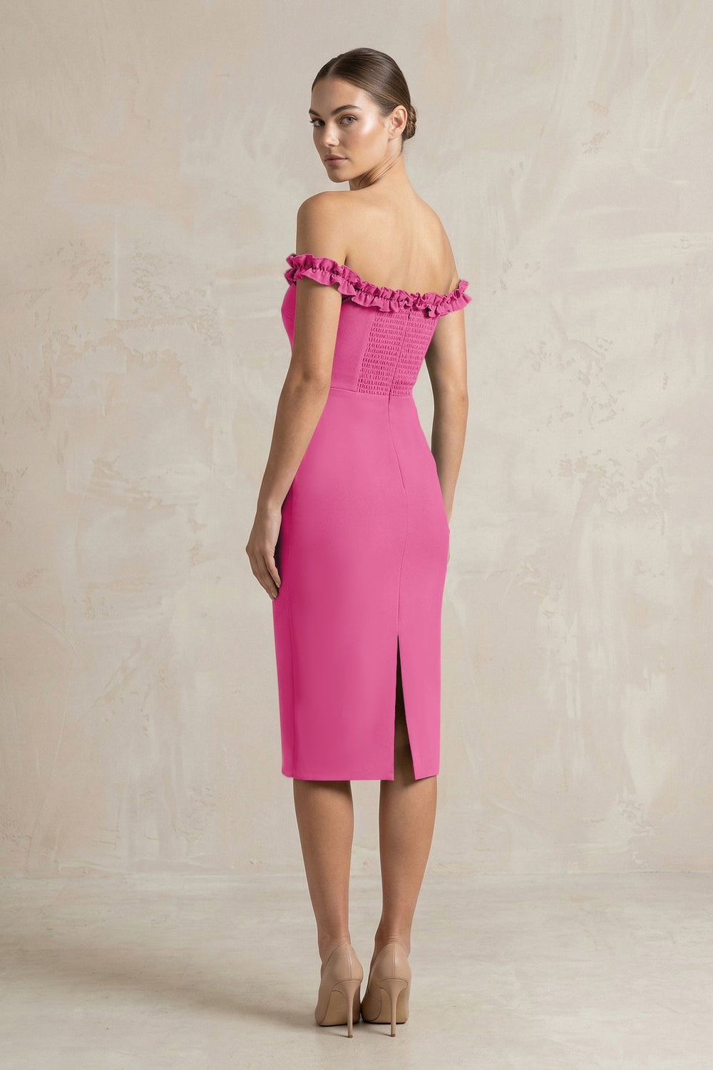 Off-the-Shoulder Sheath Ruffled Midi Bridesmaid Dress in Fuchsia