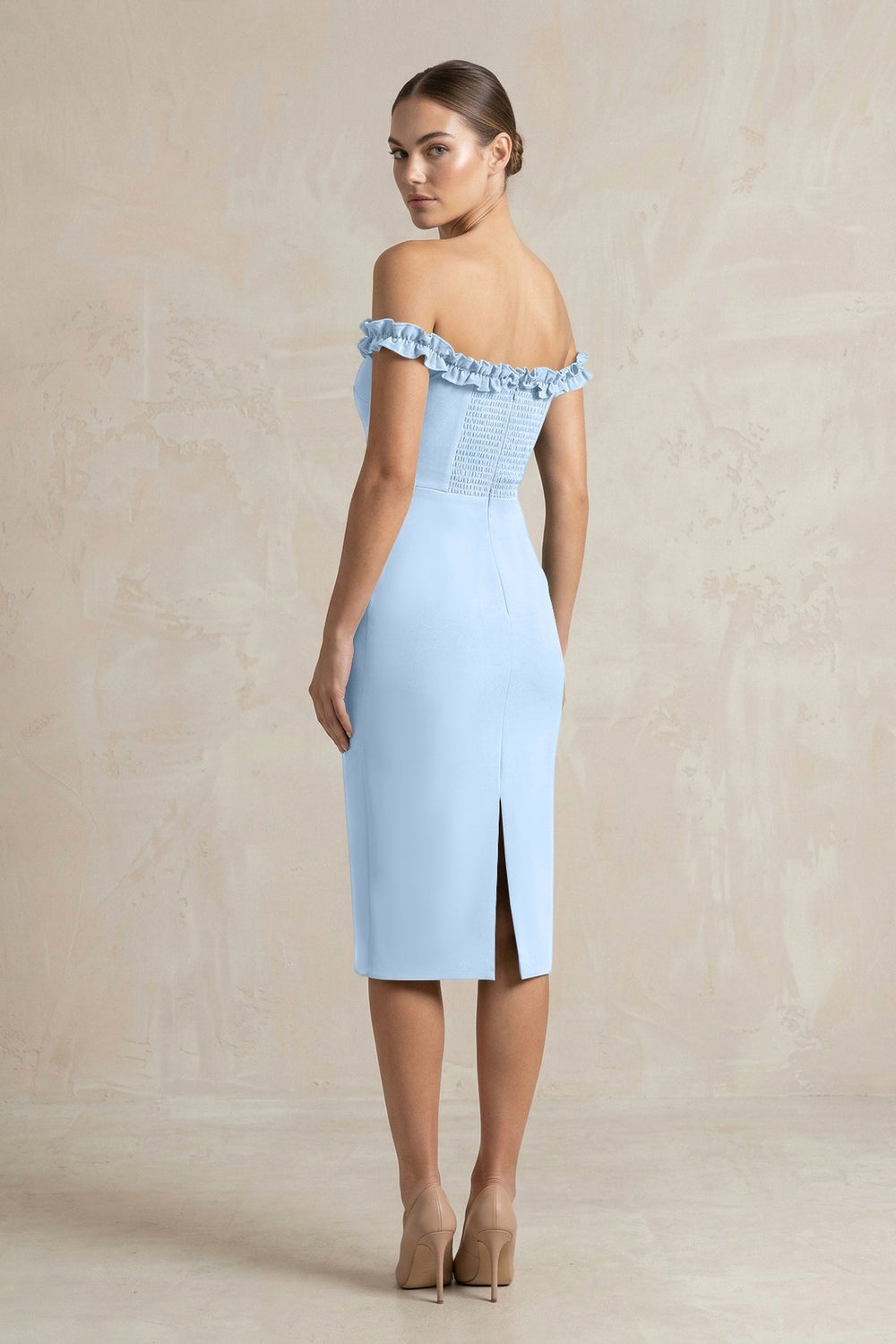 Off-the-Shoulder Sheath Ruffled Midi Bridesmaid Dress in Ice