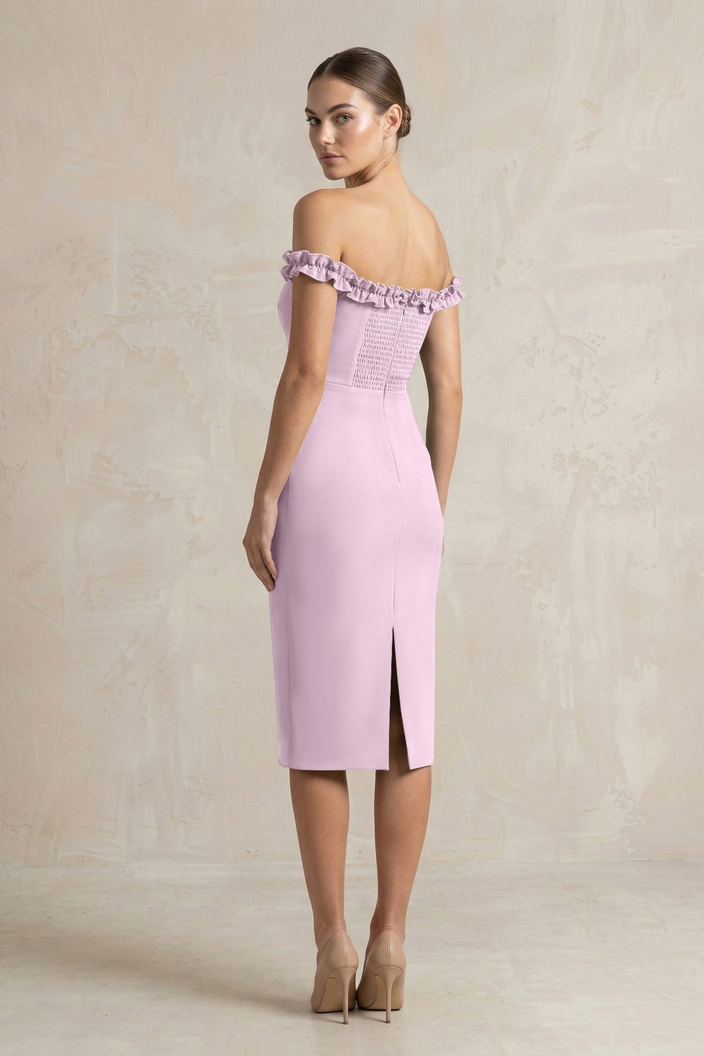 Off-the-Shoulder Sheath Ruffled Midi Bridesmaid Dress in Lilac