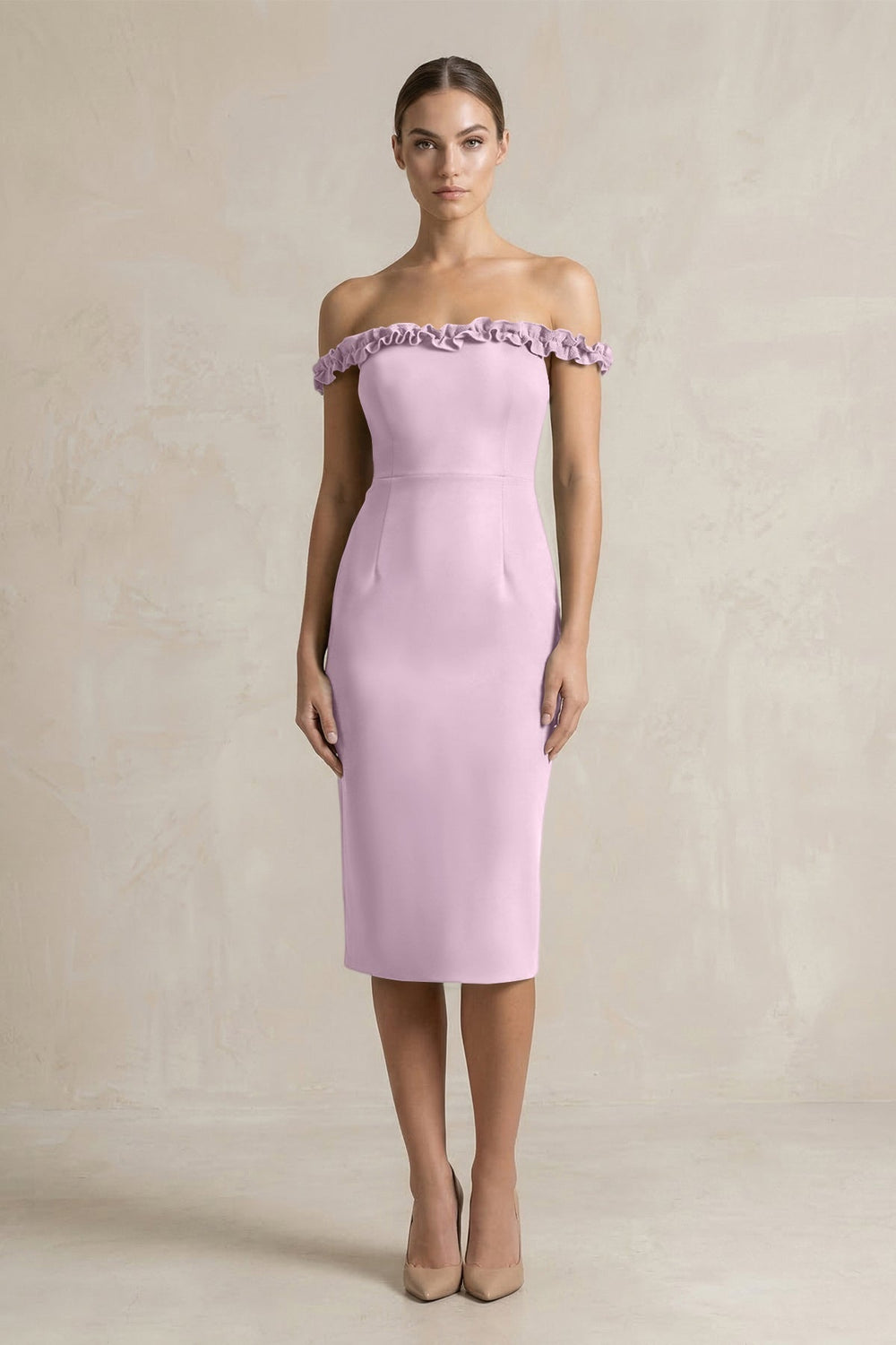Off-the-Shoulder Sheath Ruffled Midi Bridesmaid Dress in Lilac