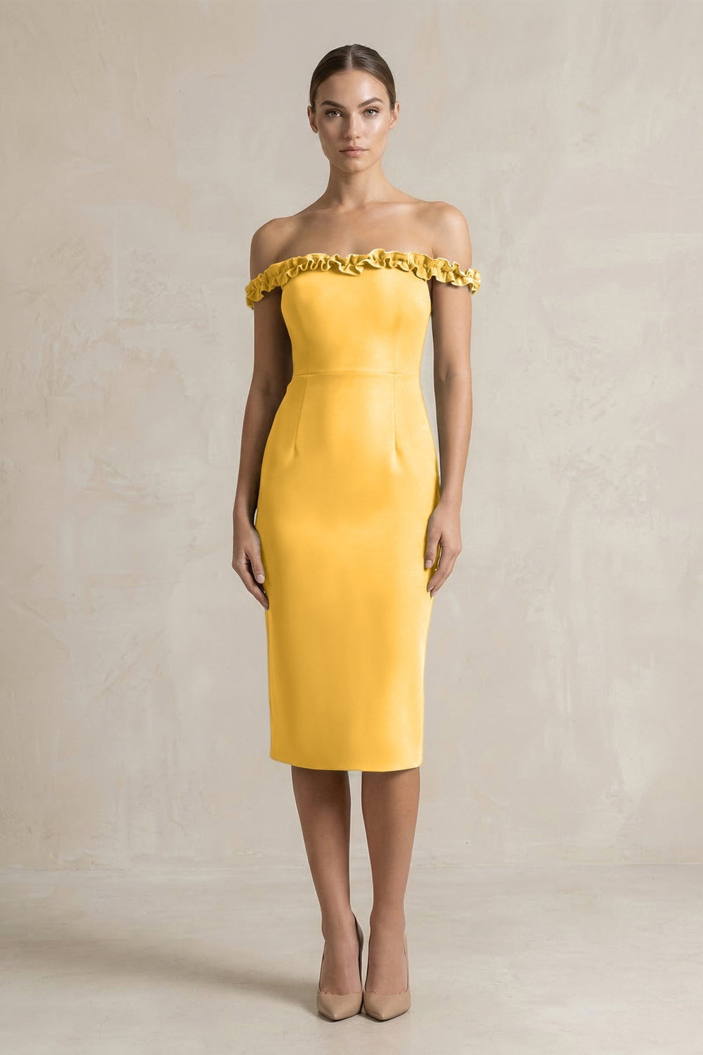 Off-the-Shoulder Sheath Ruffled Midi Bridesmaid Dress in Marigold