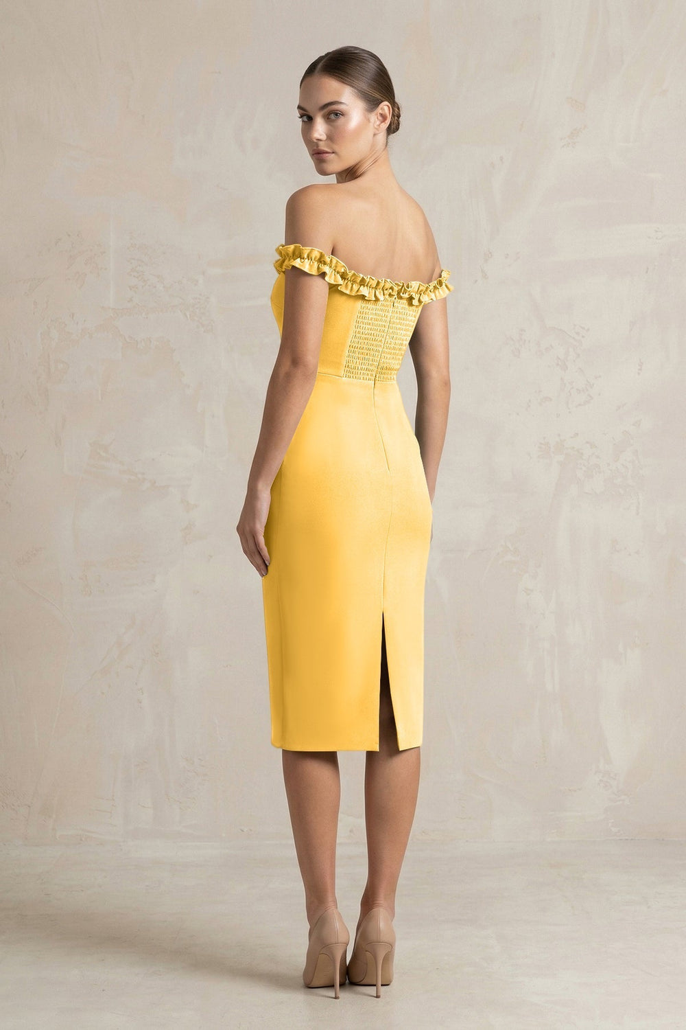 Off-the-Shoulder Sheath Ruffled Midi Bridesmaid Dress in Marigold