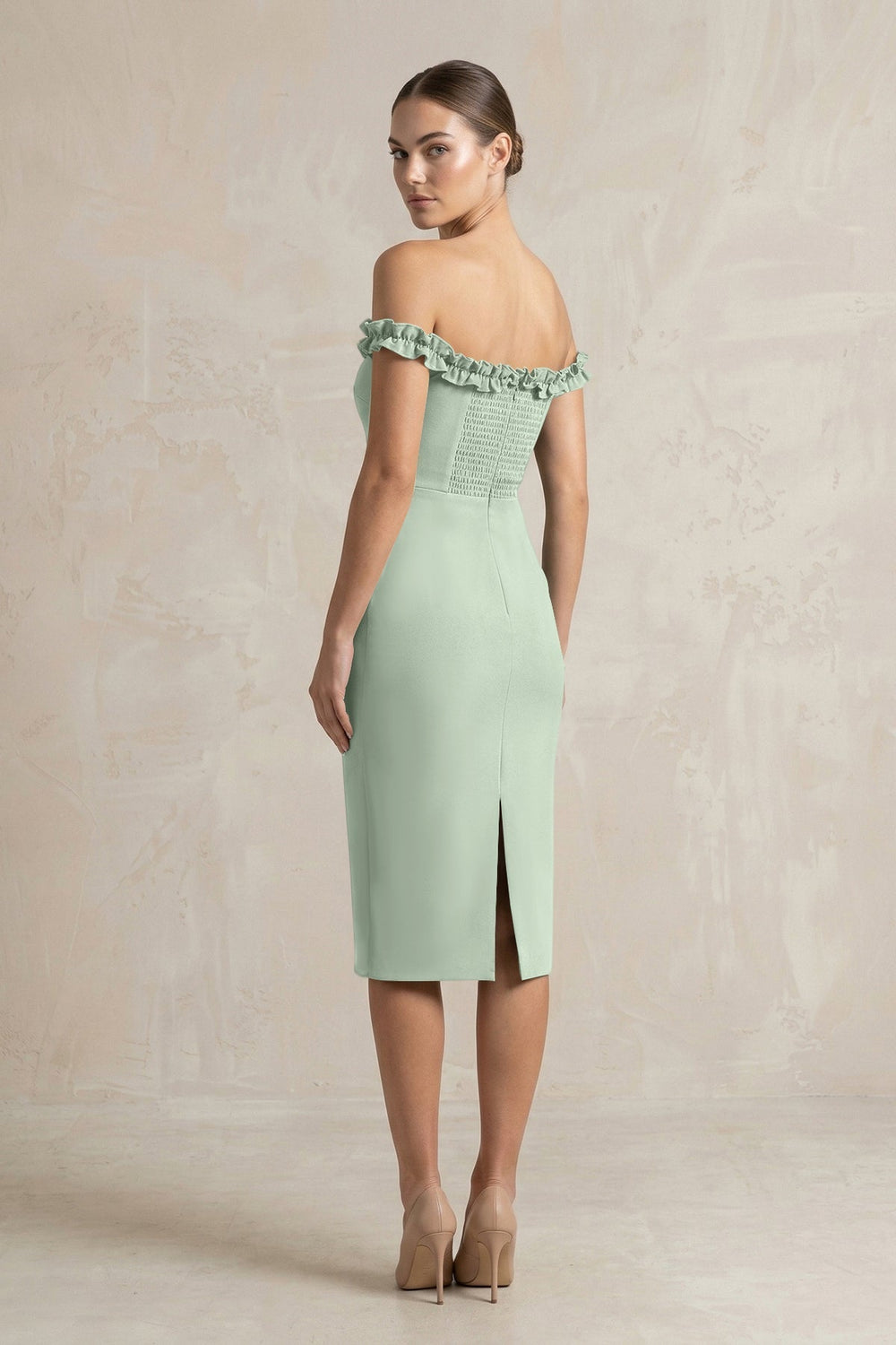 Off-the-Shoulder Sheath Ruffled Midi Bridesmaid Dress in Matcha