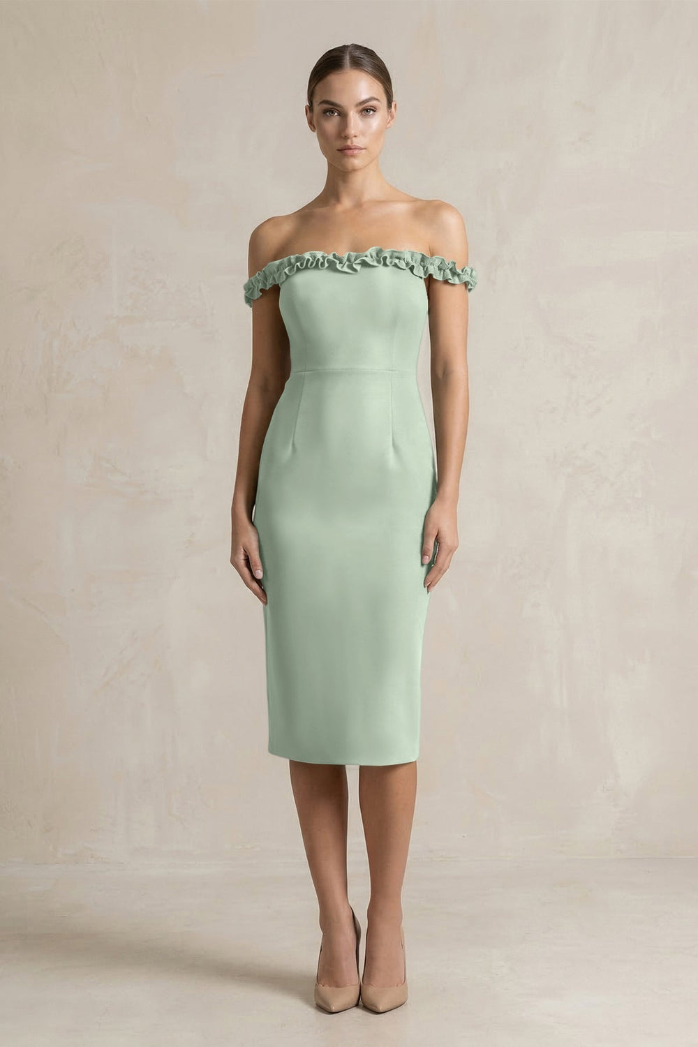 Off-the-Shoulder Sheath Ruffled Midi Bridesmaid Dress in Matcha