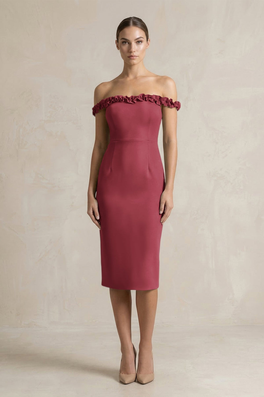 Off-the-Shoulder Sheath Ruffled Midi Bridesmaid Dress in Merlot