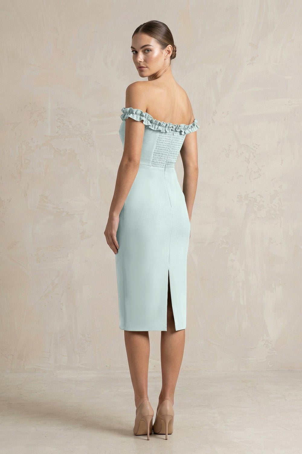 Off-the-Shoulder Sheath Ruffled Midi Bridesmaid Dress in Mist