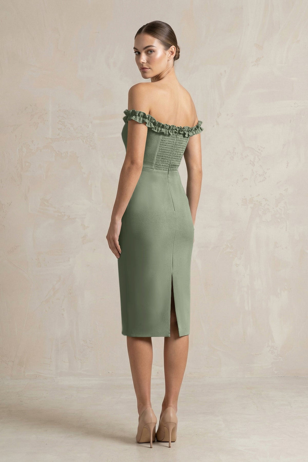 Off-the-Shoulder Sheath Ruffled Midi Bridesmaid Dress in Moss Green