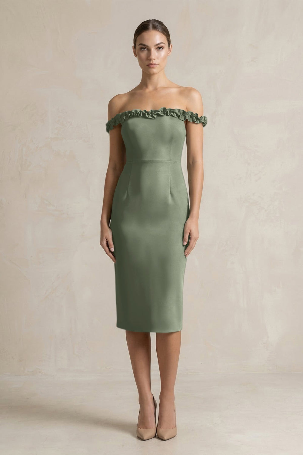 Off-the-Shoulder Sheath Ruffled Midi Bridesmaid Dress in Moss Green